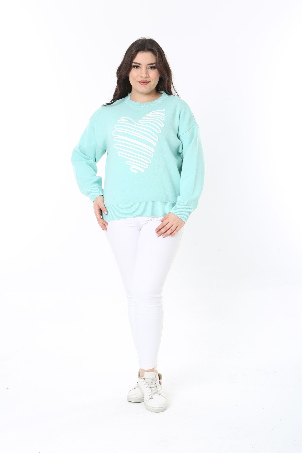 Şans-Women's Large Size Green Suzine Embroidered Knitwear Sweater 65N38862 6