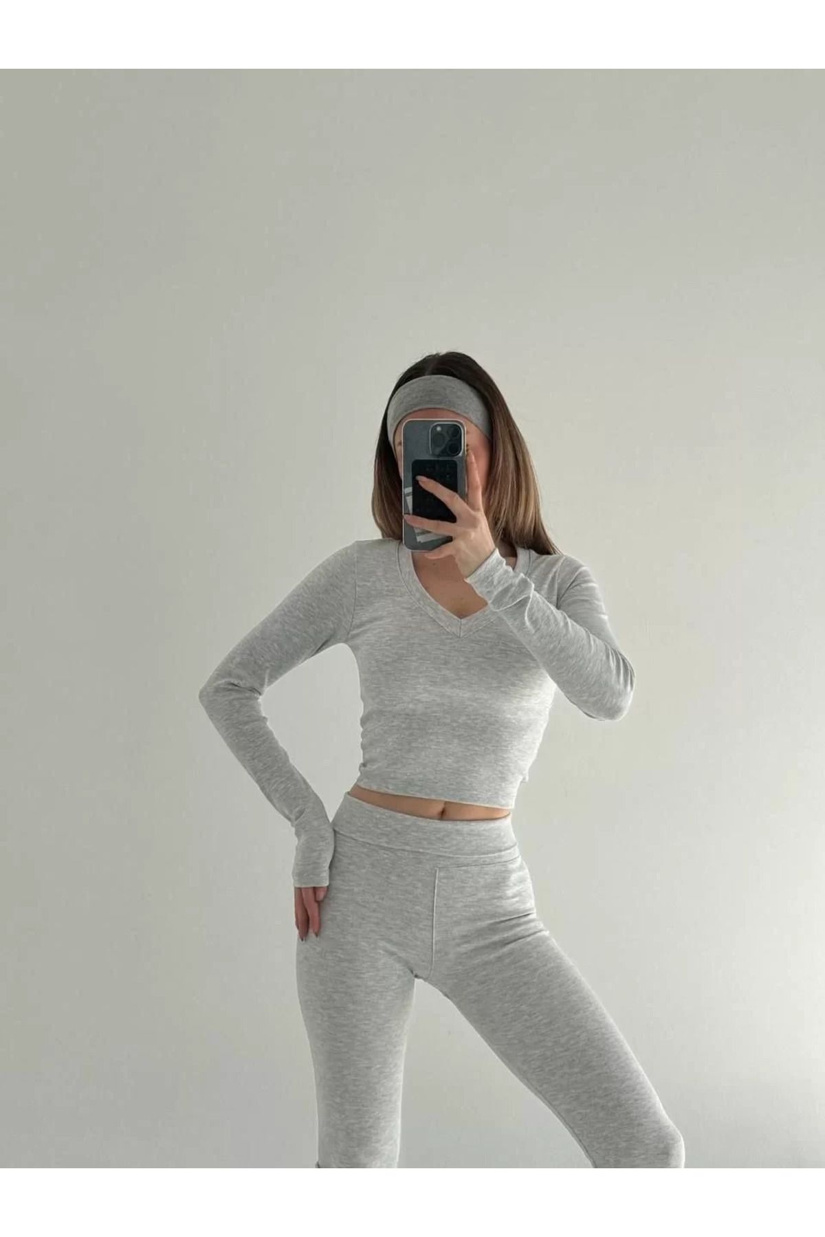 C&Z Collection V yaka uzun kollu bluz İspanyol paçalı tayt İkili Takım - Gri