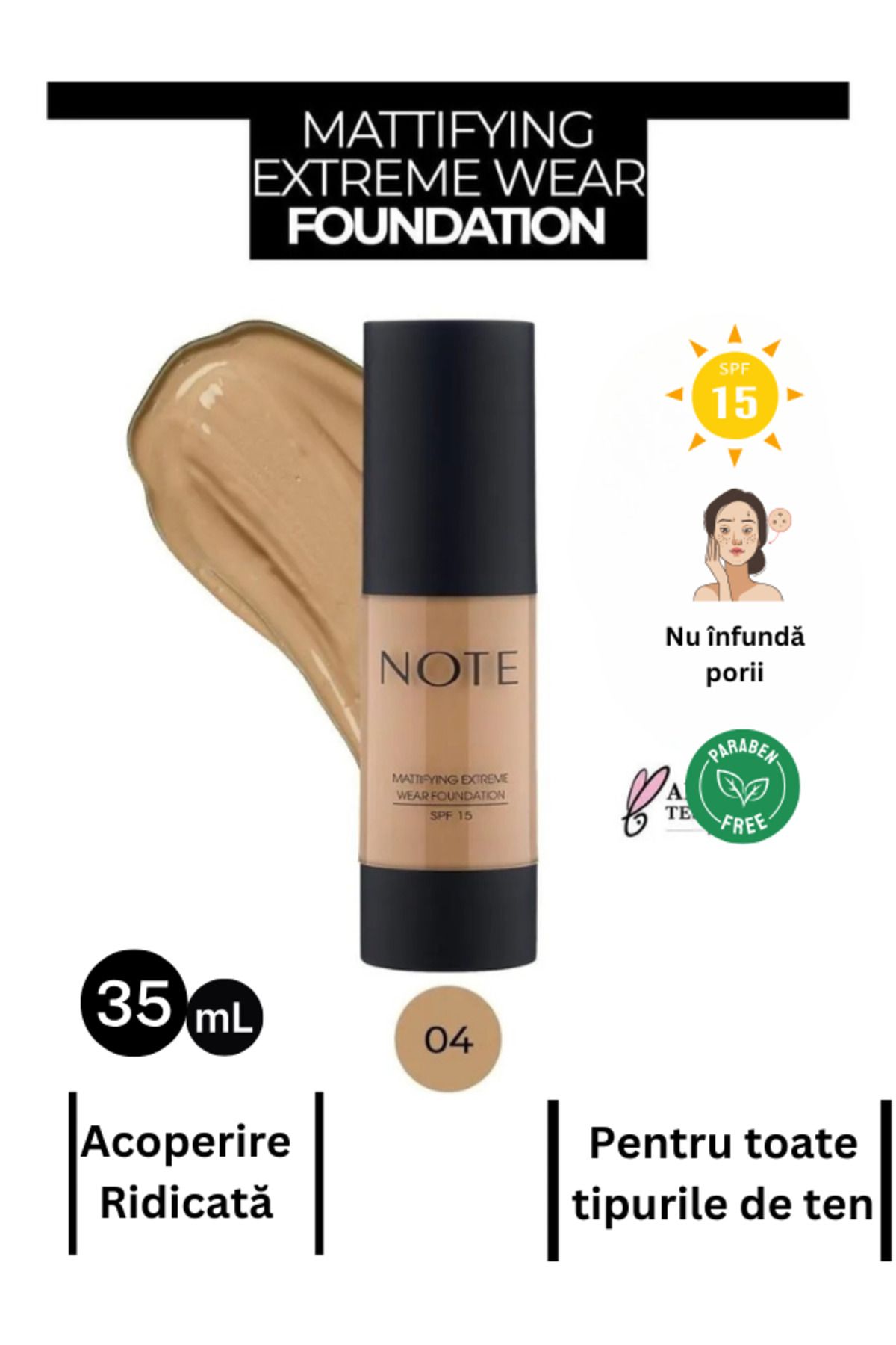 NOTE Fond De Ten Cu Acoperire Intensă, Finisaj Mat Și Spf 15 Mattifying Extreme Wear –04 Sand - One Size