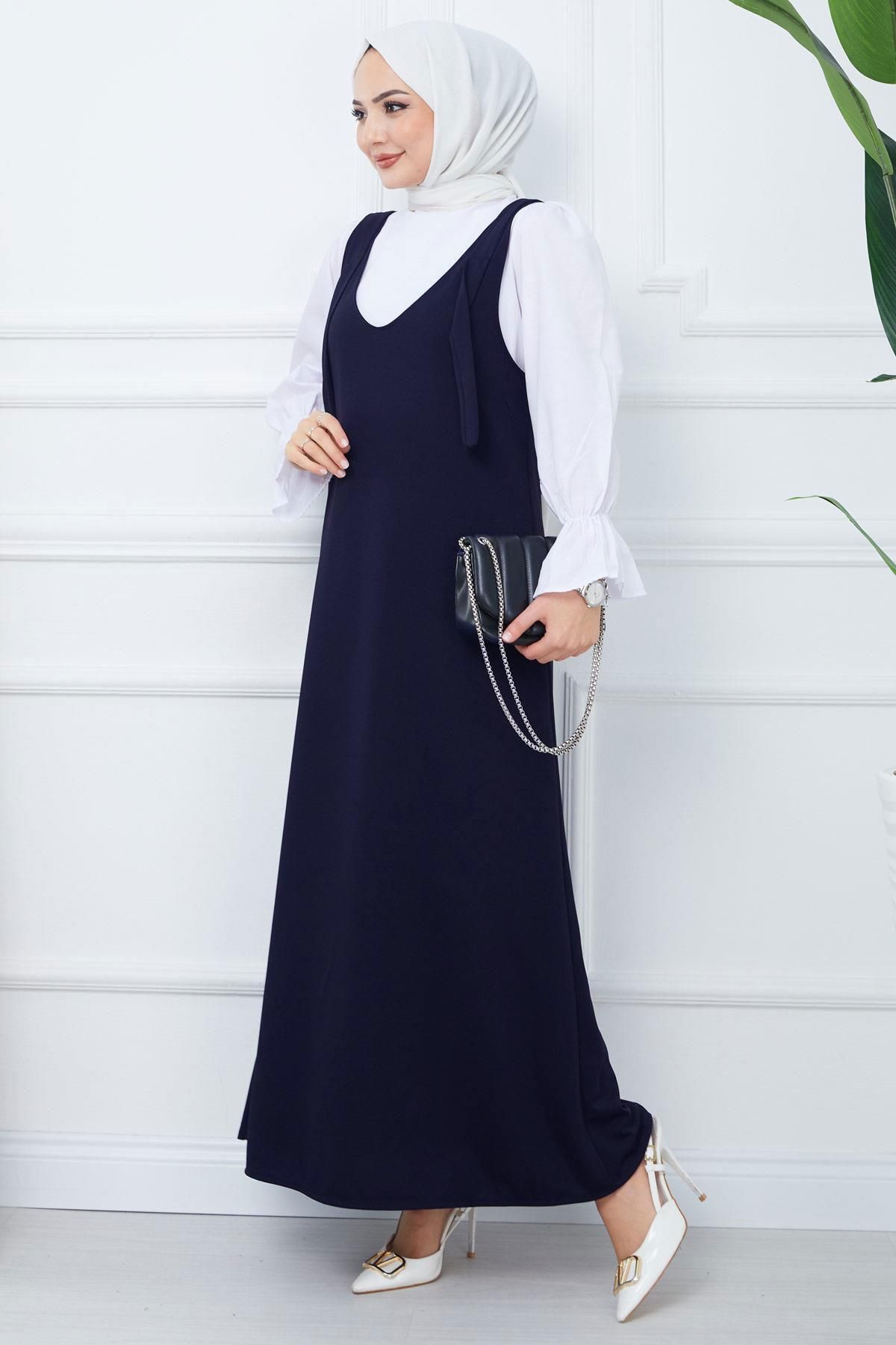 hafsamina-Темно-синя трикотажна сукня-жилет Nehir HM2389 3