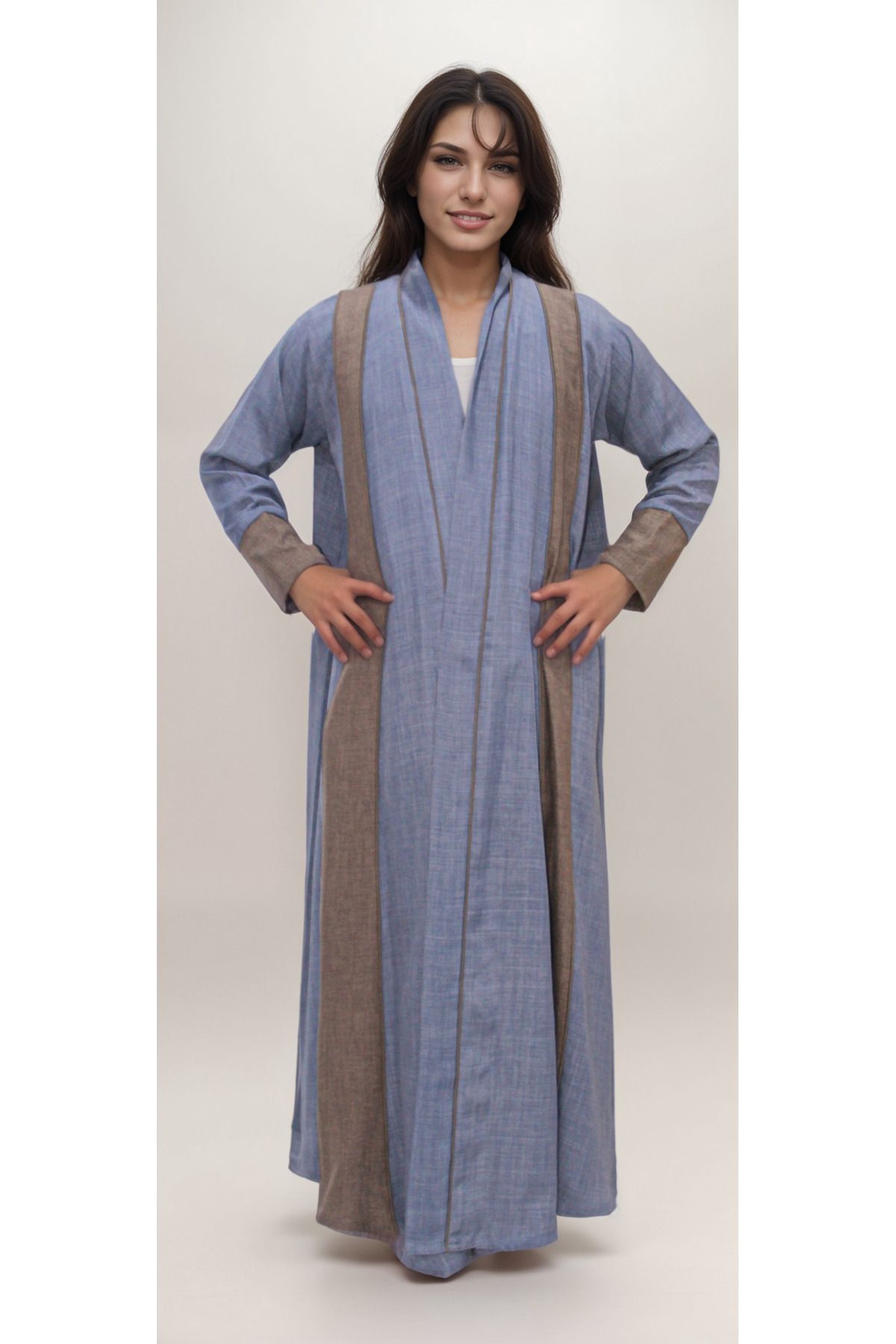 Generic-Multi-colored linen abaya with rectangular linings along the length of the abaya made of the same fabric 1