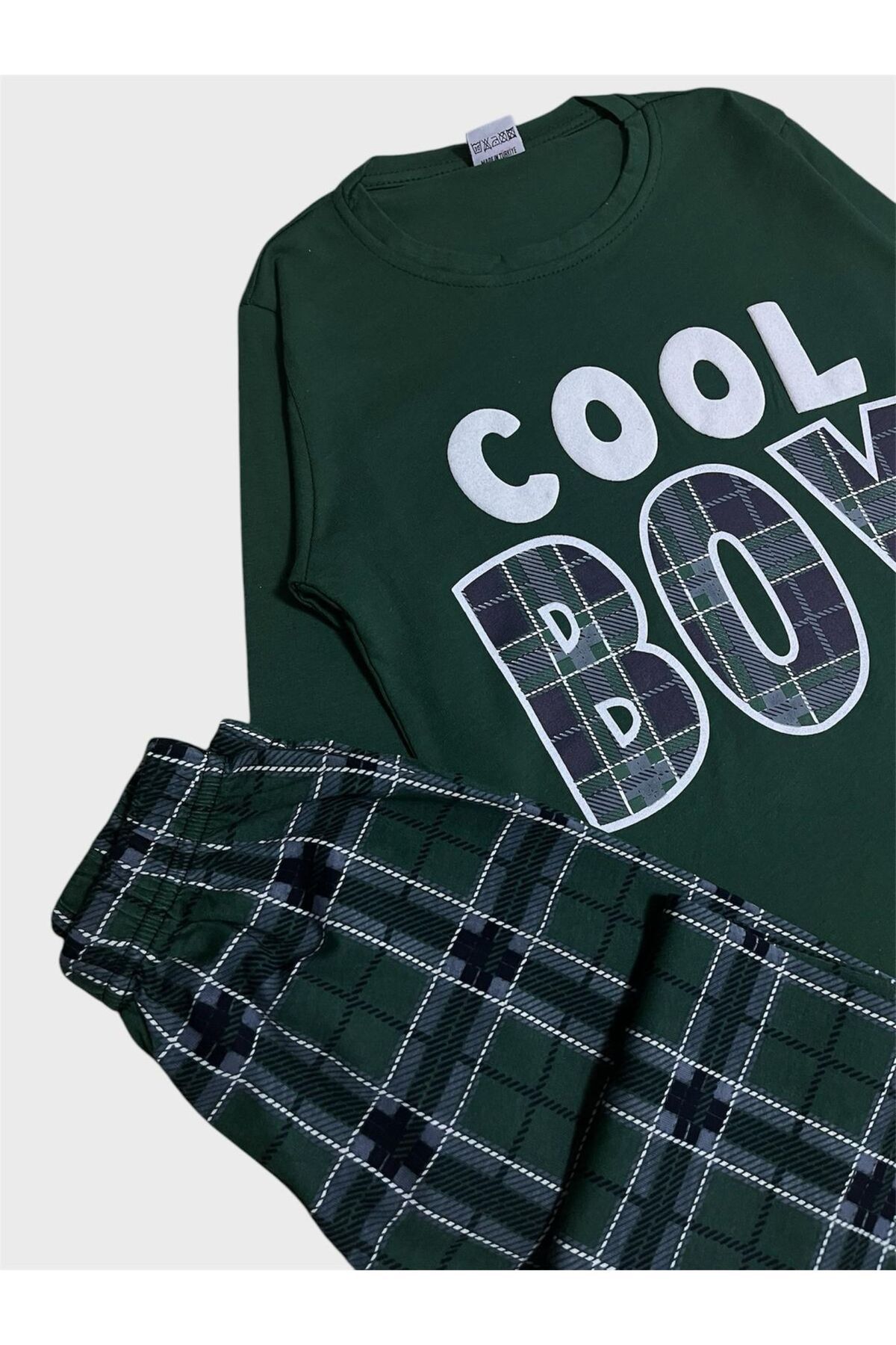 ALİŞ KİDS-Boy's 100% Cotton Green Plaid Pajamas Cool Letter Long Sleeve Set 3