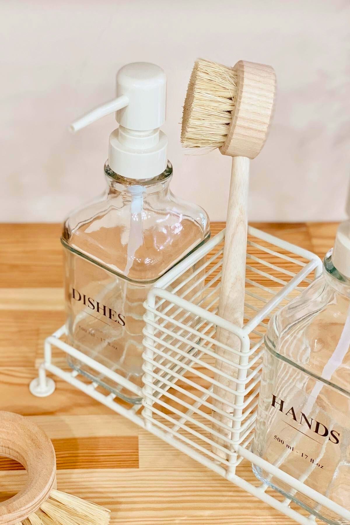 Meturas-Set dozator de săpun și detergent de bucătărie bej de 500 ml - pompă dublă din fier și suport pentru burete 2
