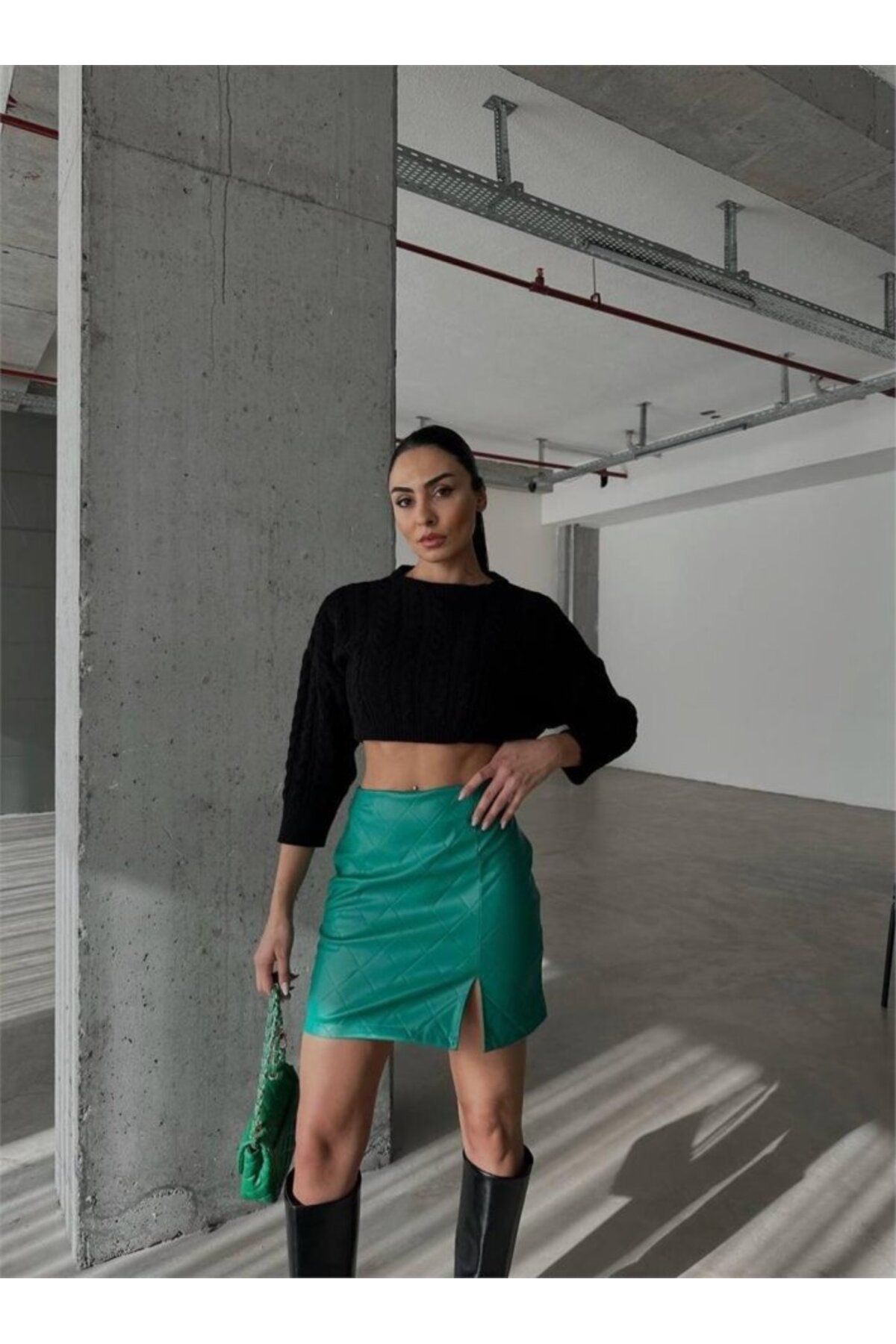velmorafashion KAPİTONE DERİ ETEK YIRTMAÇLI - Yeşil
