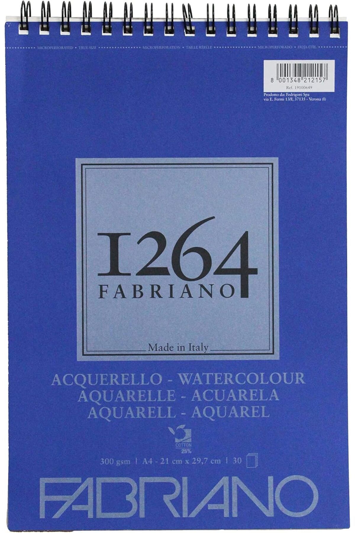 Fabriano-لوحة رسم هونسيل المائية 19100649 ذات الغلاف الحلزوني 1264، 300 جم/م²، مقاس A4، 30 ورقة، لون طبيعي 1
