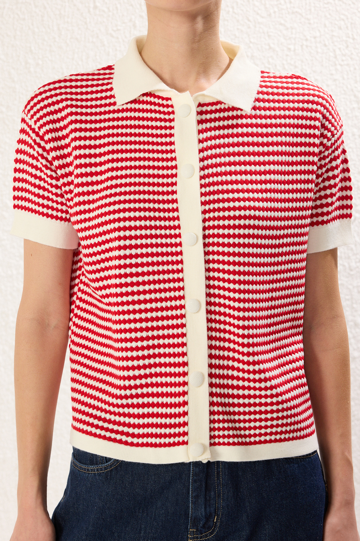 Trendyolmilla  Kırmızı Polo Yaka Çizgili Triko Bluz TWOSS25BZ00183 - Görsel 5