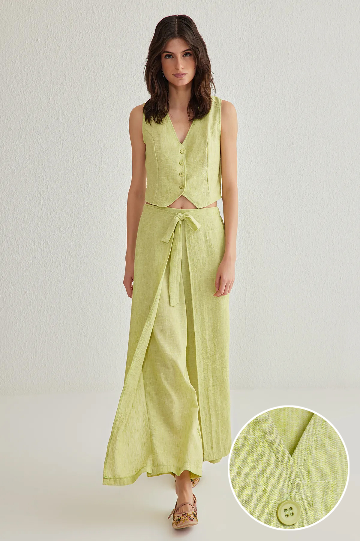 Trendyolmilla  Yağ Yeşili Önden Bağlama Detaylı Dokuma Alt-Üst Takım TWOSS25AU00018