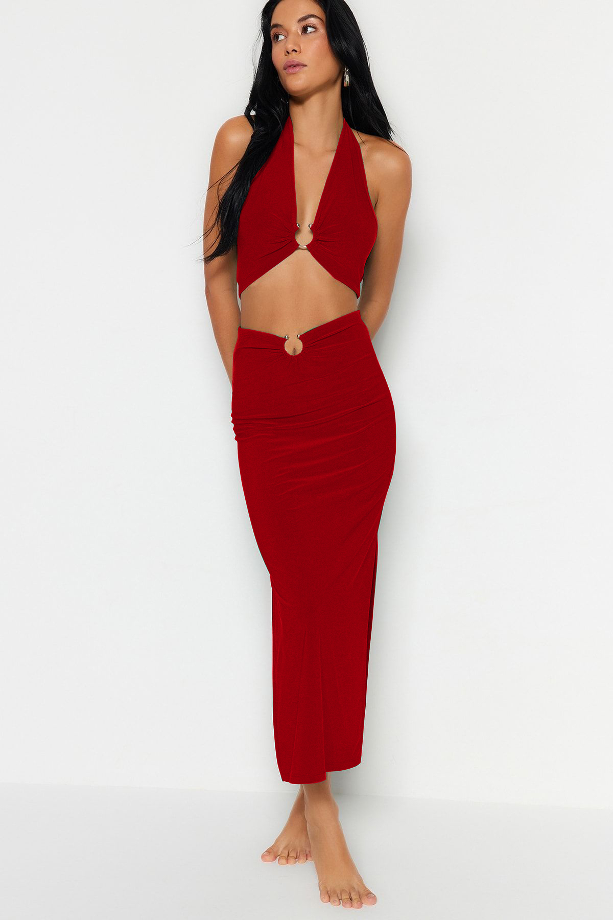 Trendyolmilla  Kırmızı Örme Aksesuar Detaylı Plaj Bluz-Etek Takım TBESS23AU00084 - Görsel 2