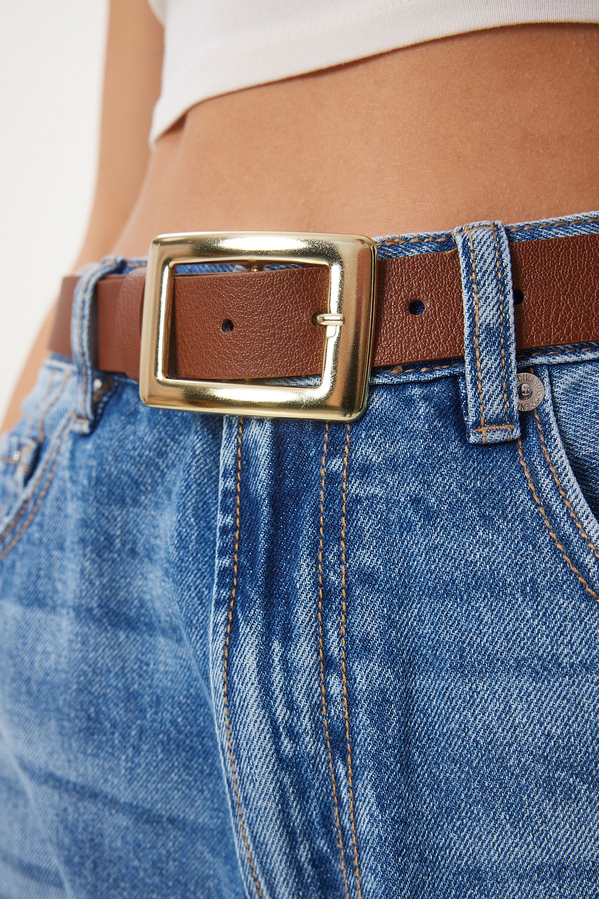 Happiness İstanbul-Schwarzbrauner 2er-Pack Kunstledergürtel mit goldener Schnalle für Damen ZW00001 4