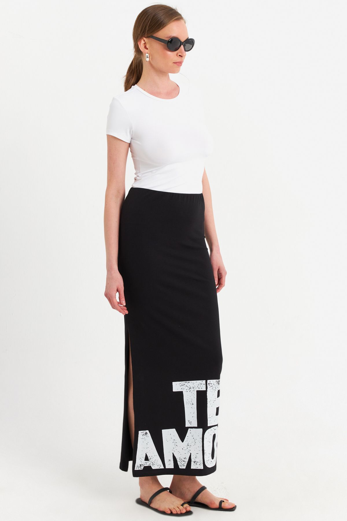 Cool & Sexy-Women's Black Printed Slit Midi Skirt Tpg09 3