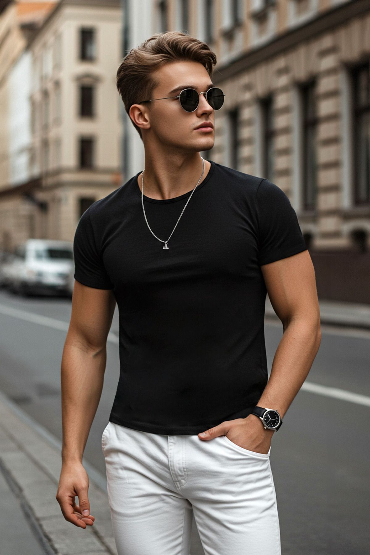 Trendyol Collection Schwarzes Slim/Slim-Fit-T-Shirt aus 100 % Baumwolle mit Rundhalsausschnitt TMNSS19BO0001