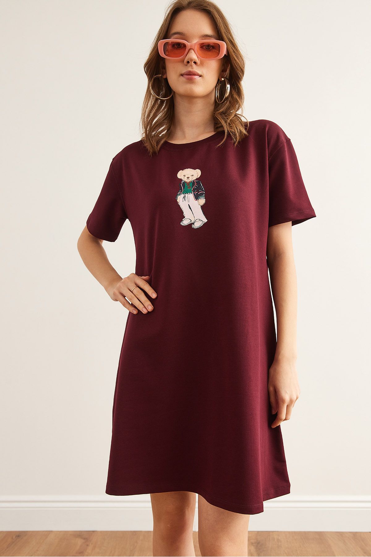Kadın Bordo Ayıcık Baskılı Tunik Elbise ELB-19002352