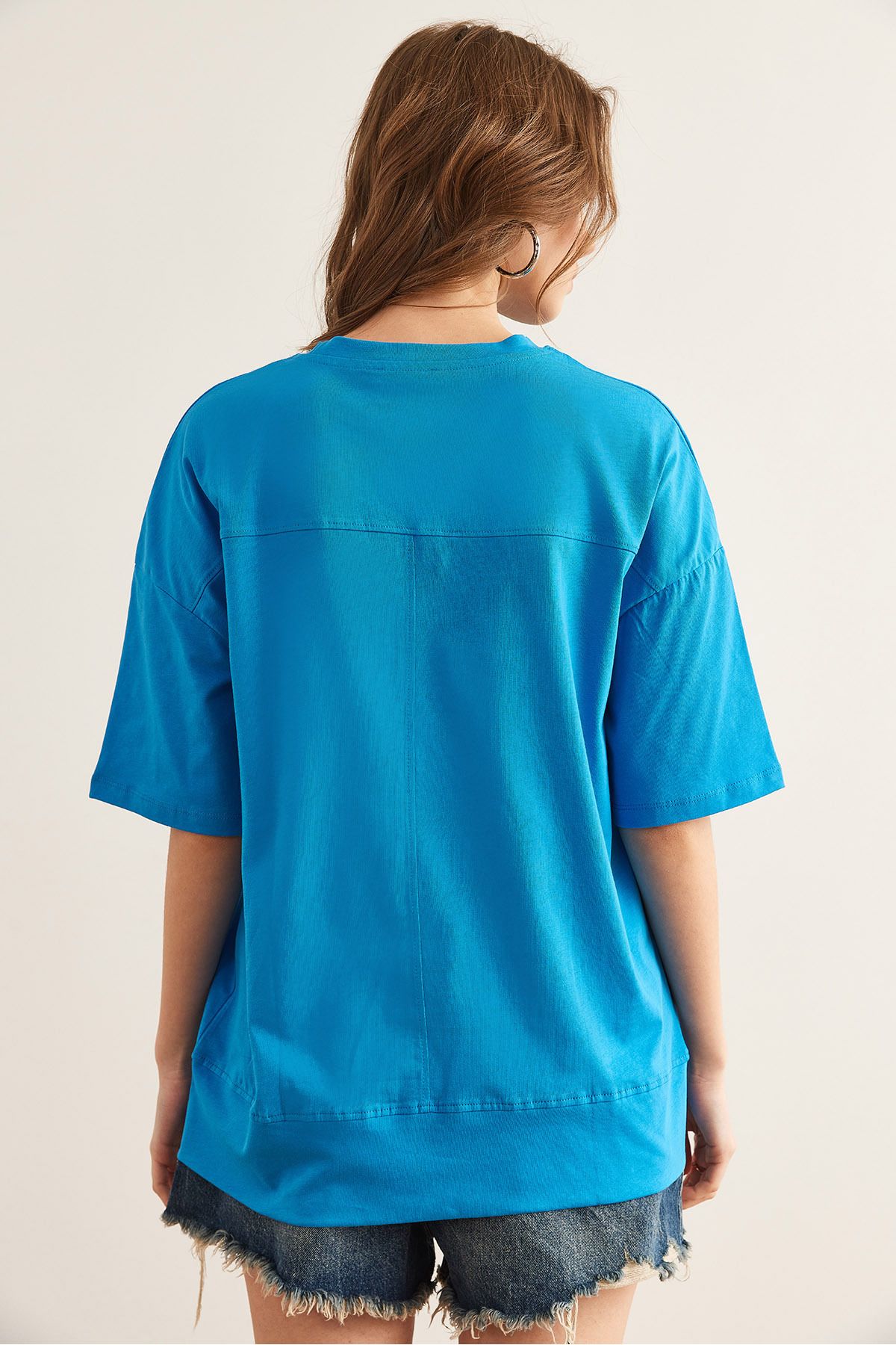 Olalook-Tricou de damă din bumbac, albastru cer, cu cusături, cu decupaj în față TSH- 19000800 6