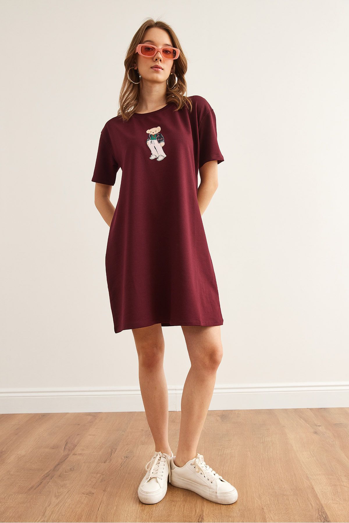 Kadın Bordo Ayıcık Baskılı Tunik Elbise ELB-19002352