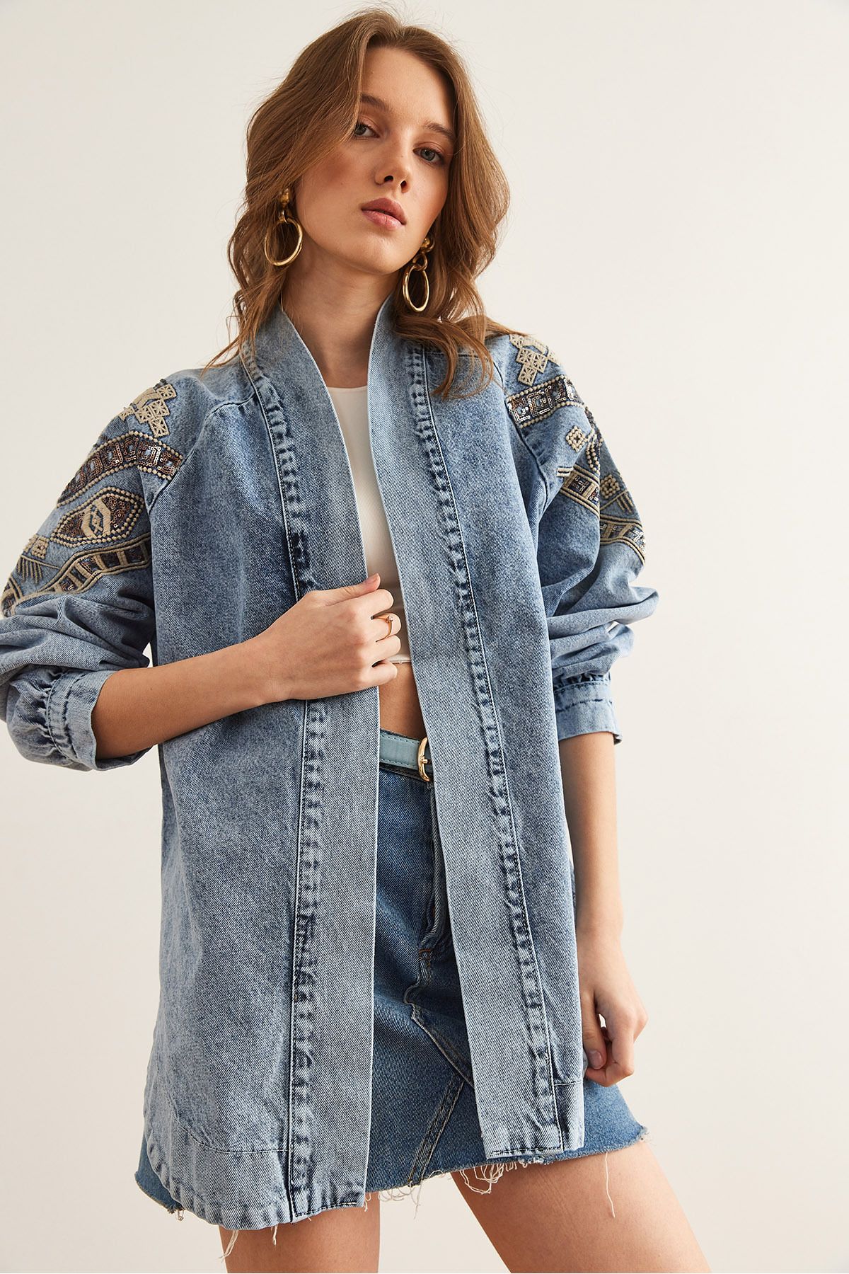 Olalook-Damen Jeansjacke mit geometrischen Pailletten, blauen Pailletten und Paillettenstickerei, detailliert CKT- 19000416 3