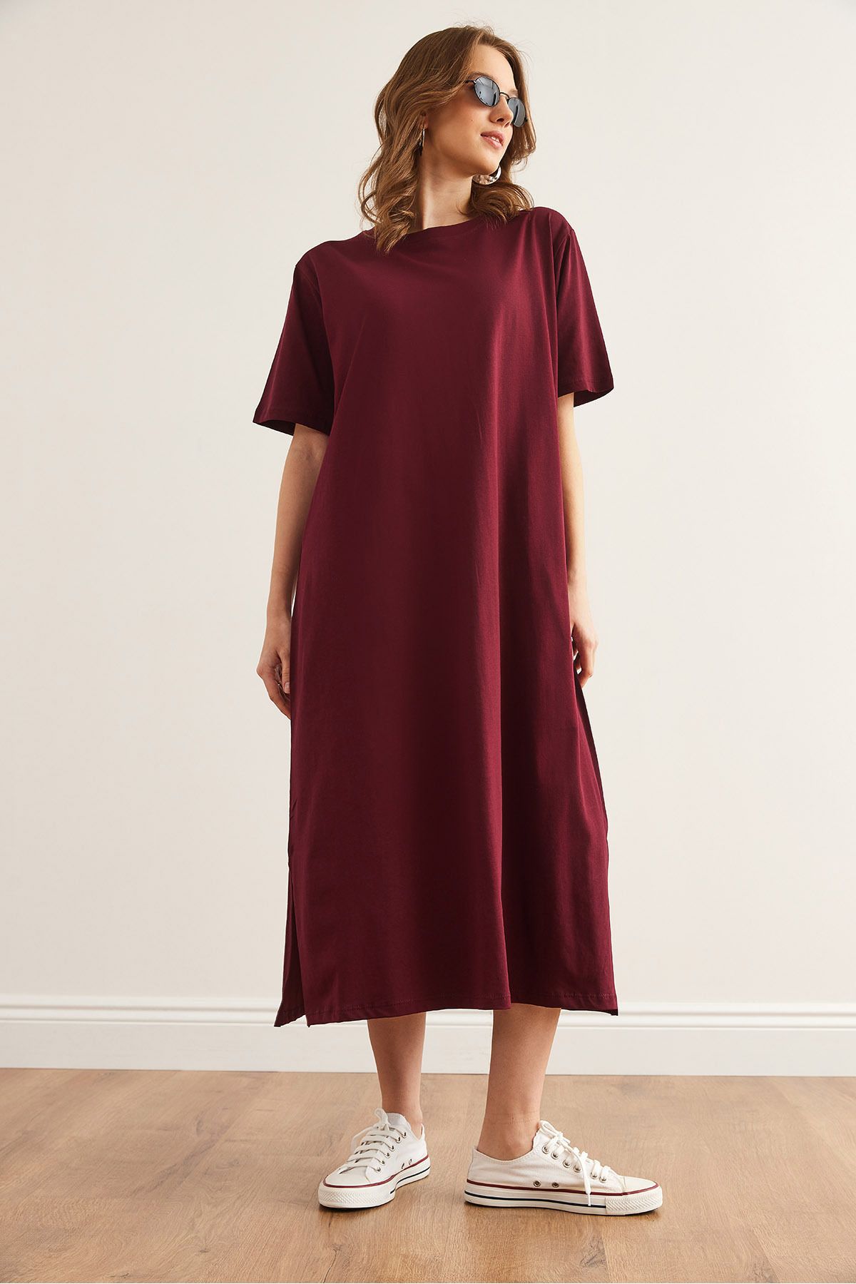 Kadın Bordo Yanı Yırtmaçlı Oversize Pamuk Elbise ELB-19001880
