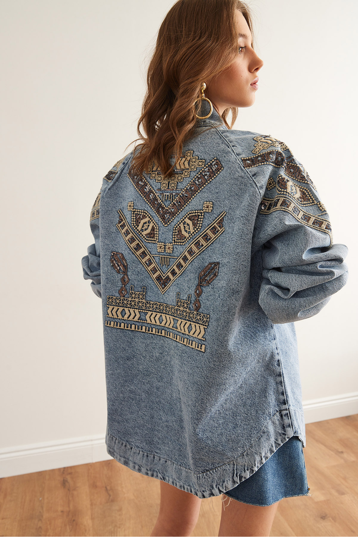 Olalook-Damen Jeansjacke mit geometrischen Pailletten, blauen Pailletten und Paillettenstickerei, detailliert CKT- 19000416 7