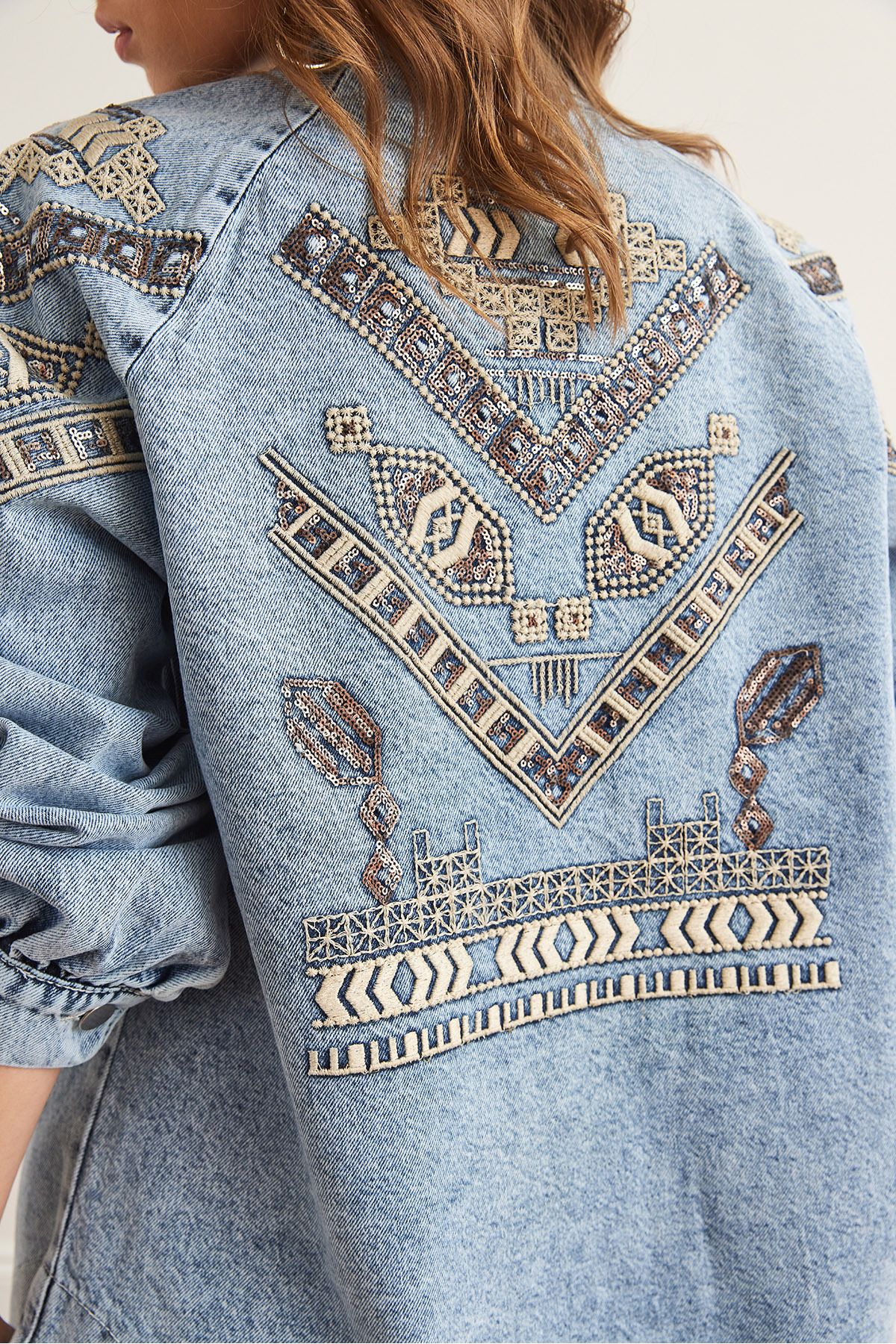 Olalook-Damen Jeansjacke mit geometrischen Pailletten, blauen Pailletten und Paillettenstickerei, detailliert CKT- 19000416 8