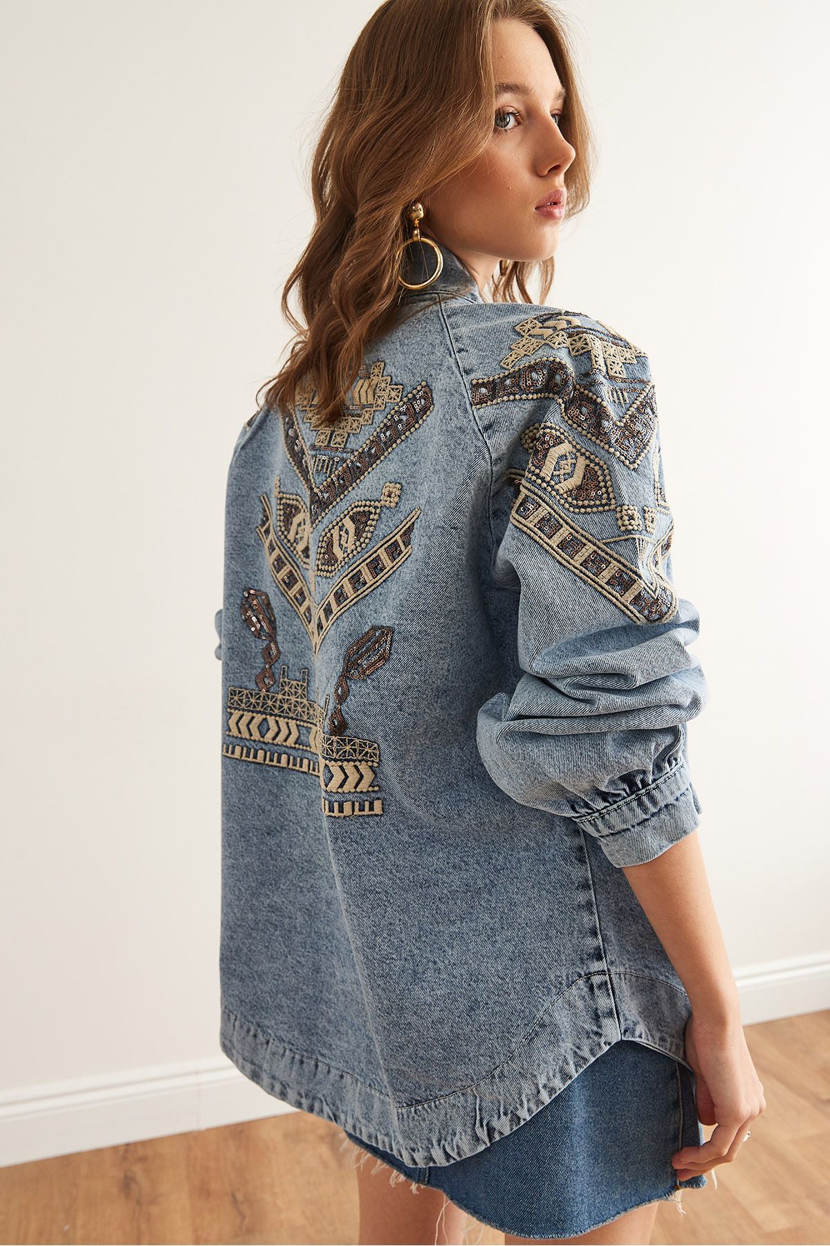 Olalook-Damen Jeansjacke mit geometrischen Pailletten, blauen Pailletten und Paillettenstickerei, detailliert CKT- 19000416 5