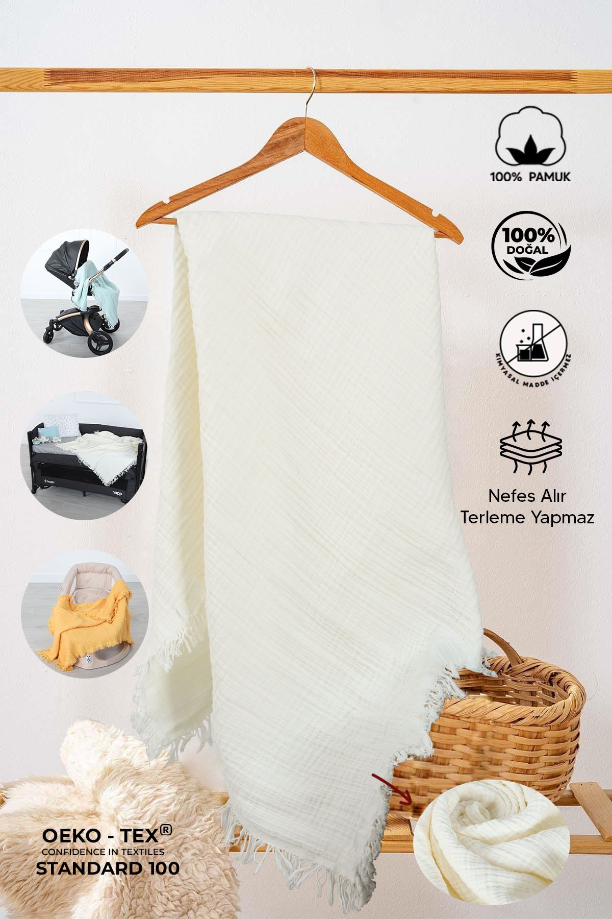 Beyaz 4 Katlı %100 Pamuk Müslin Bebek Battaniyesi 100x130 – Kundak & Çok Amaçlı Örtü