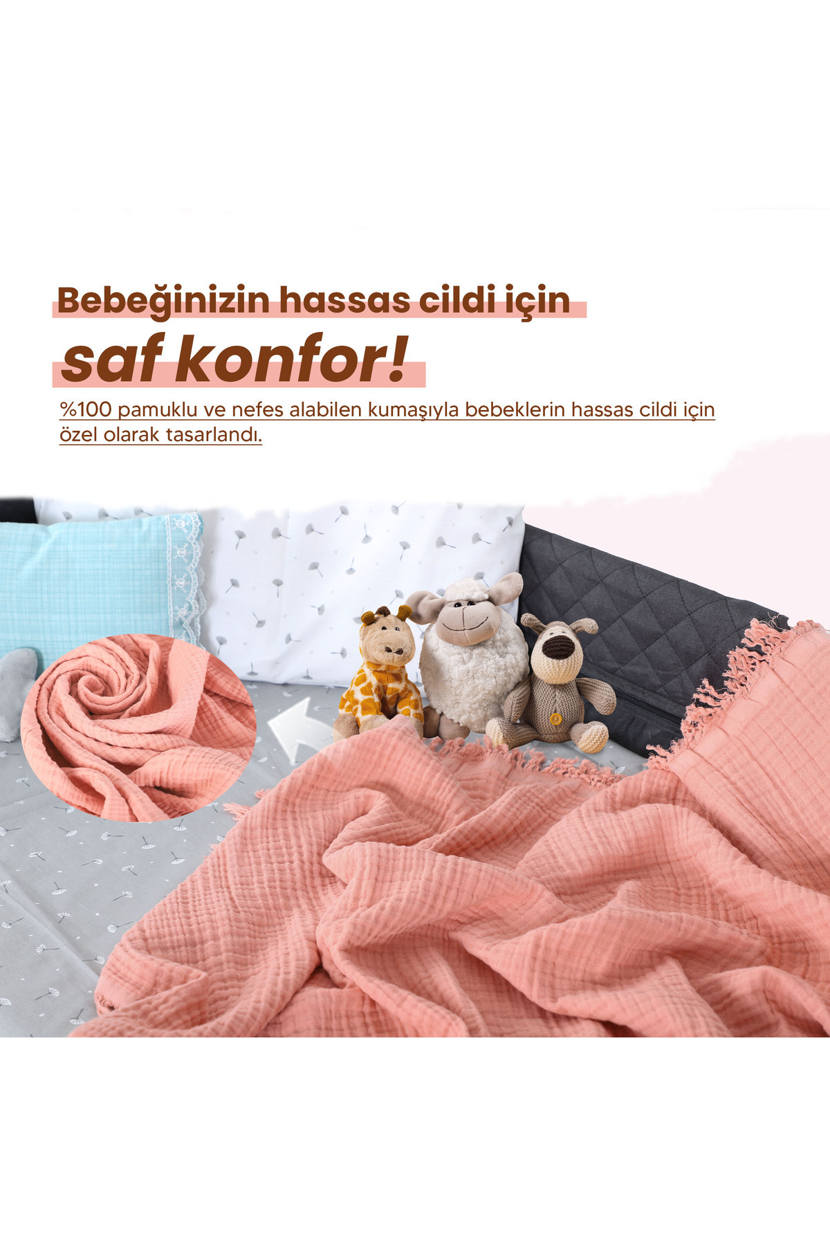 Huggy Mercan 4 Katlı Müslin Bebek Battaniyesi – 100x130 %100 Pamuk, Kız Bebek Uyumlu fotoğrafı 2 (önizleme)