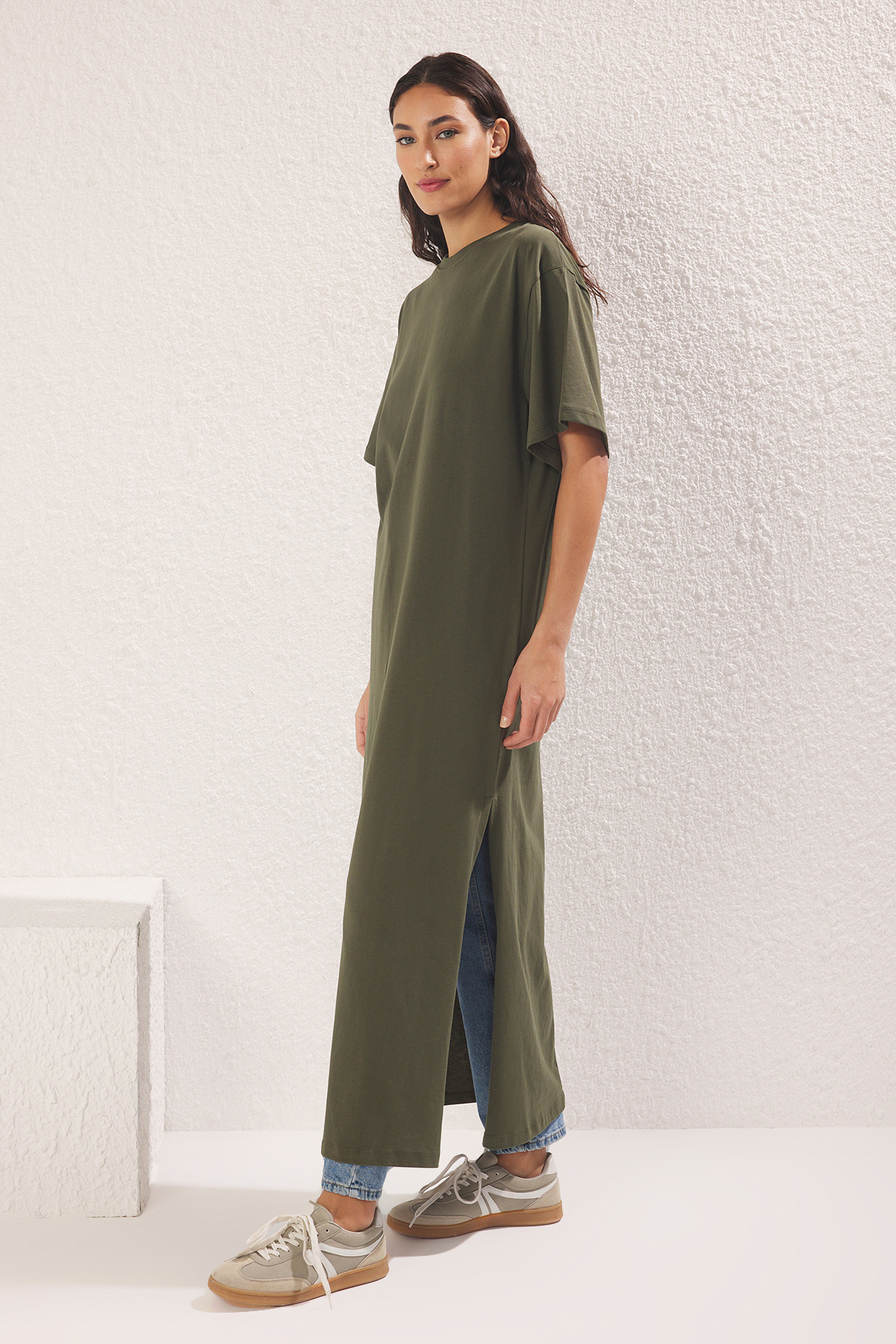 Trendyol Modest-Khaki-Biały 2-pak dzianinowych sukienek podkoszulkowych z podszewką 4