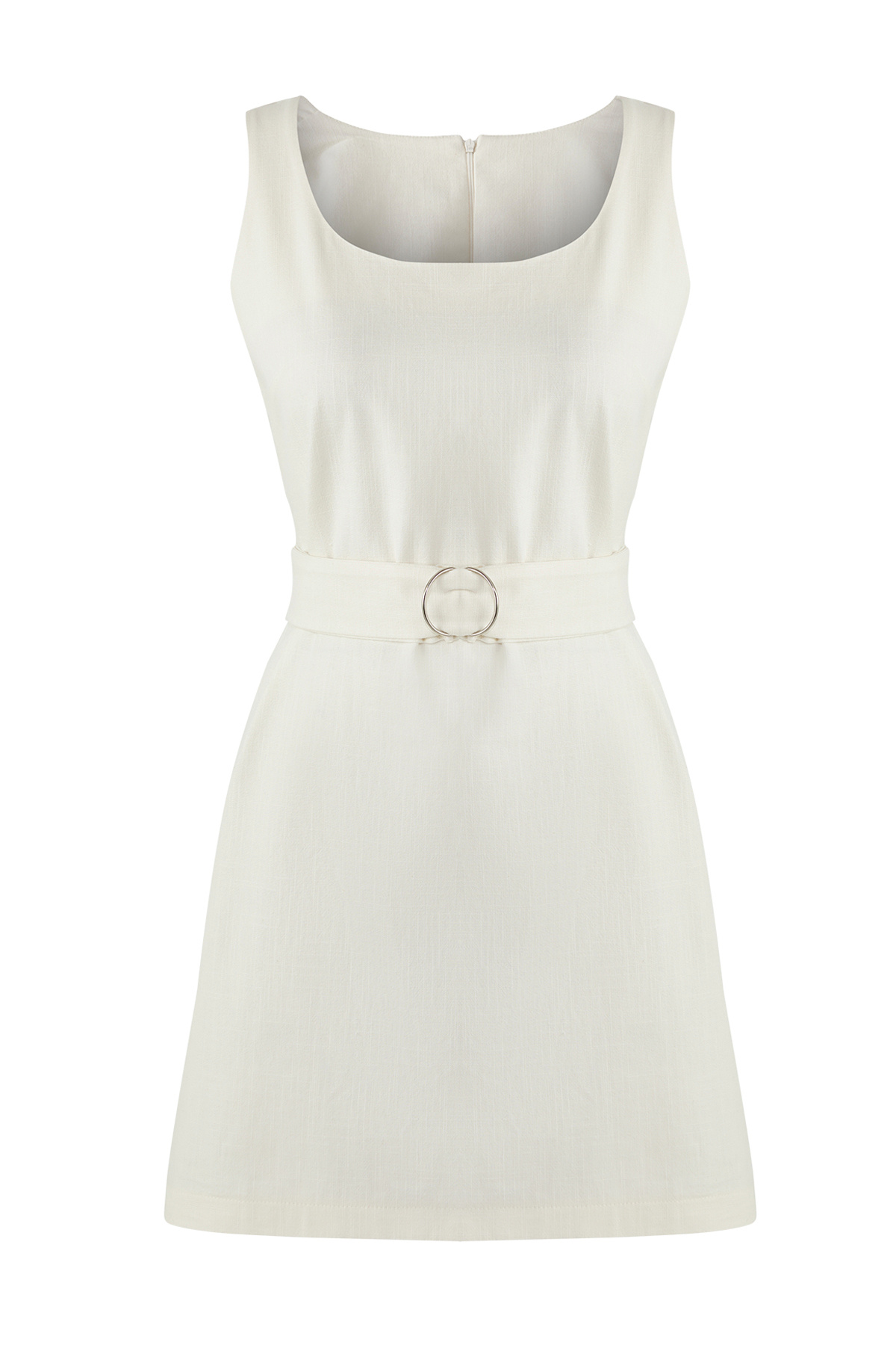 Trendyol Collection-White Belted Linen Blend Straight Cut Mini Woven Dress Twoss25El00705 5