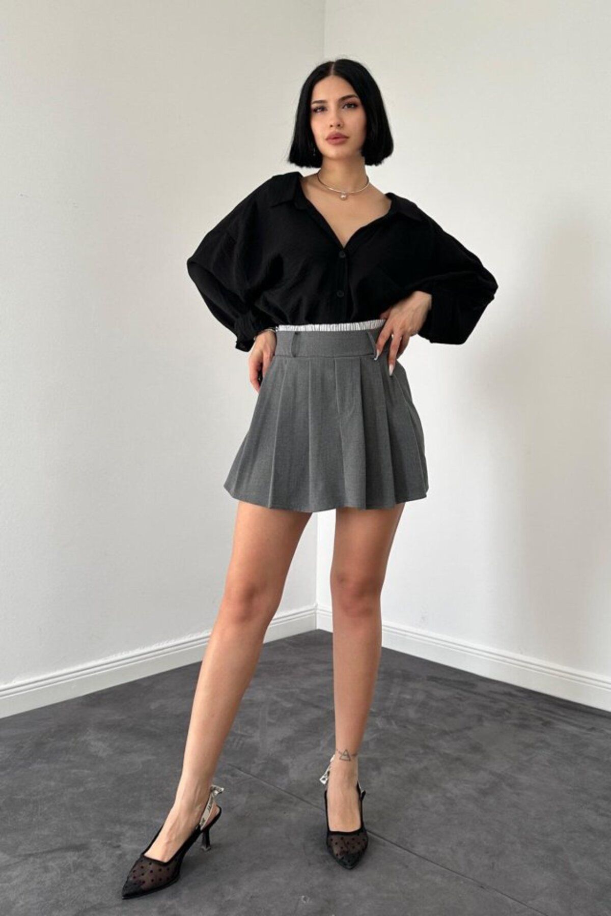 velmorafashion Gri Beli Lastikli Etek Şort