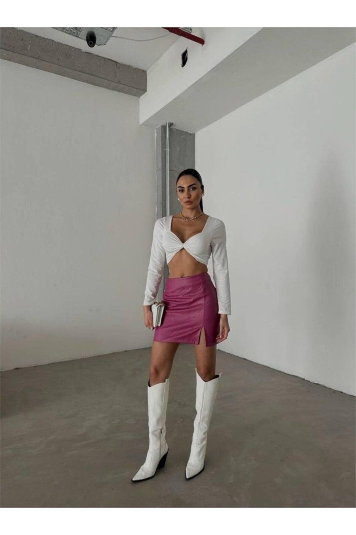 velmorafashion Kapi̇tone Deri̇ Etek Yirtmaçli - Fuşya