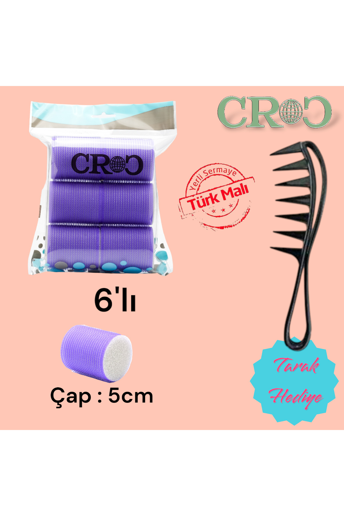 Croc 1203 Cırtlı Sünger Bigudi 6lı Çap 5cm Mor - Yapışkanlı Saç Bigudisi