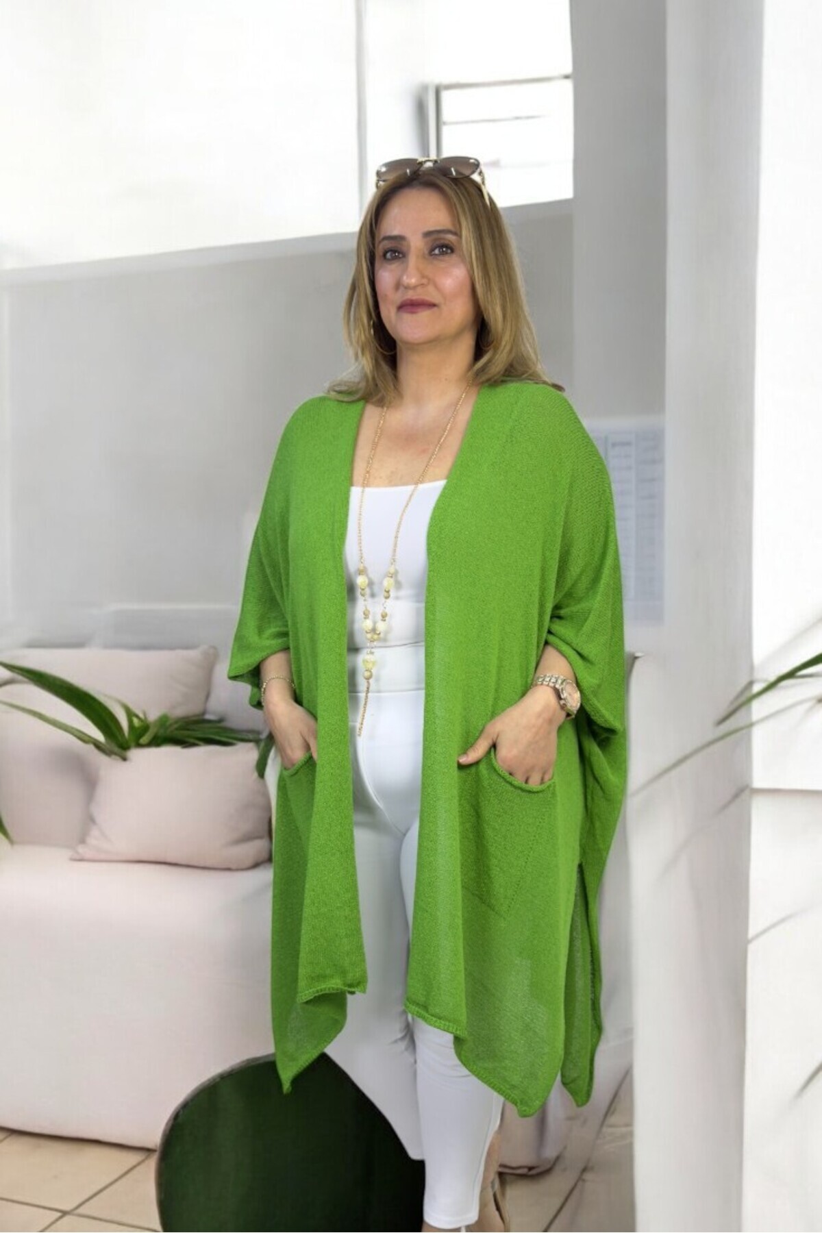 yagmurberen-Short Sleeve Asymmetric Cut Slit Pocket Shawl Collar Large Size Italian Mercerized Cardigan 2