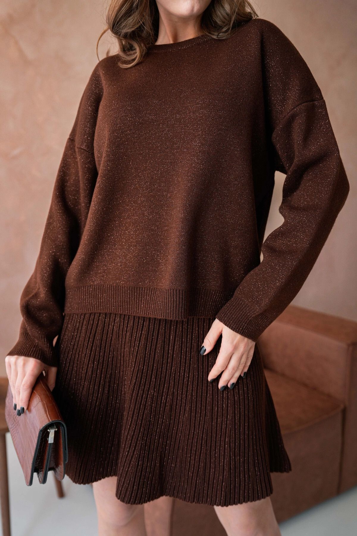Park Karon-Women's Crew Neck Lurex Knitwear Suit with Loose Skirt 6