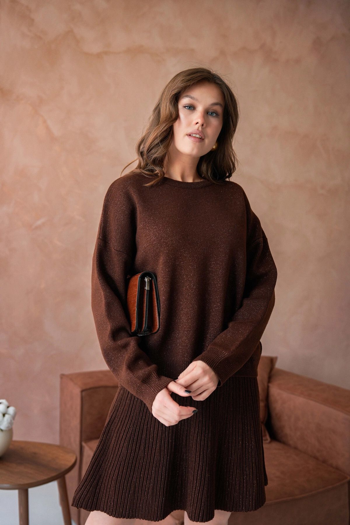 Park Karon-Women's Crew Neck Lurex Knitwear Suit with Loose Skirt 2