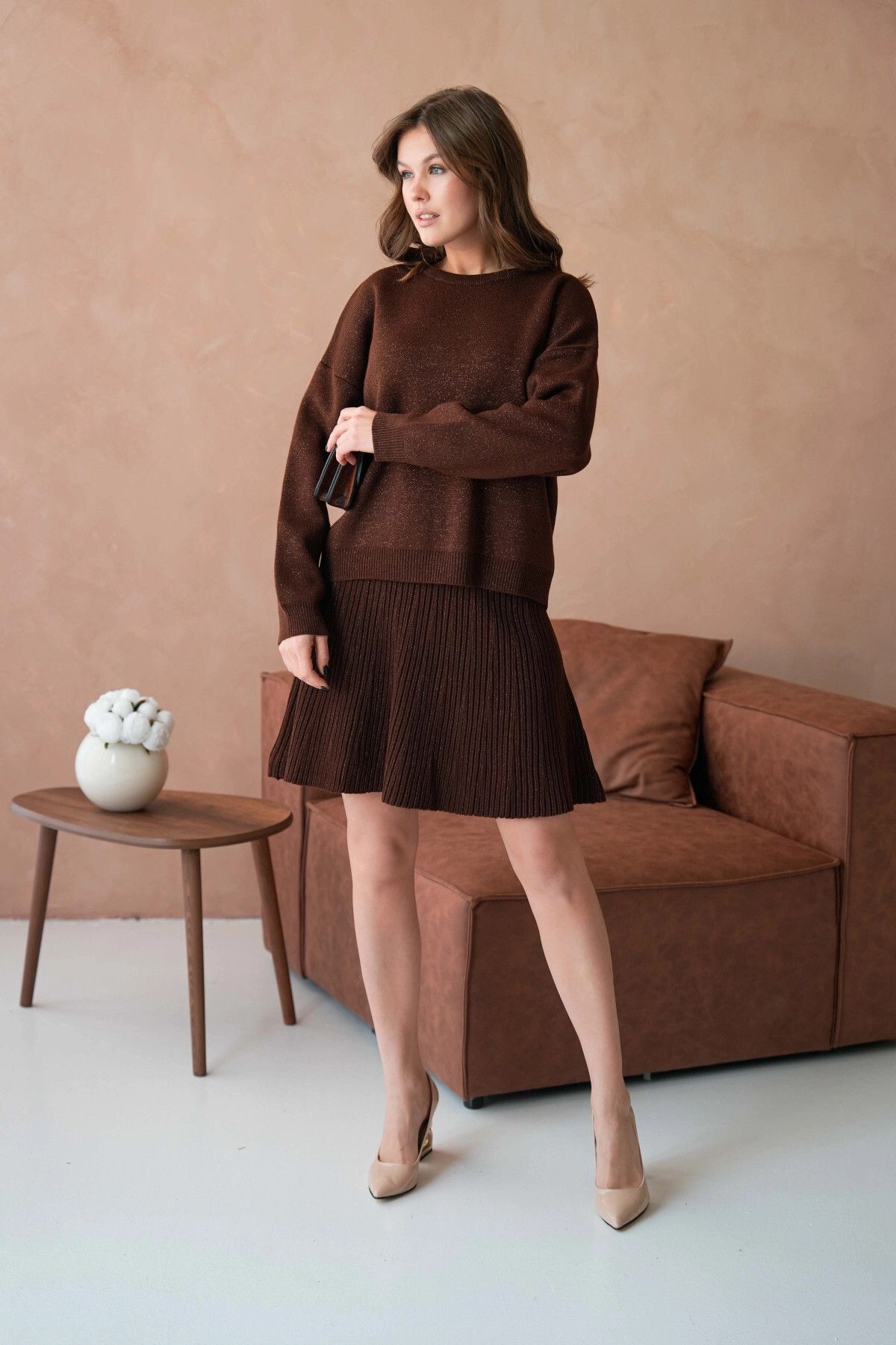 Park Karon-Women's Crew Neck Lurex Knitwear Suit with Loose Skirt 5