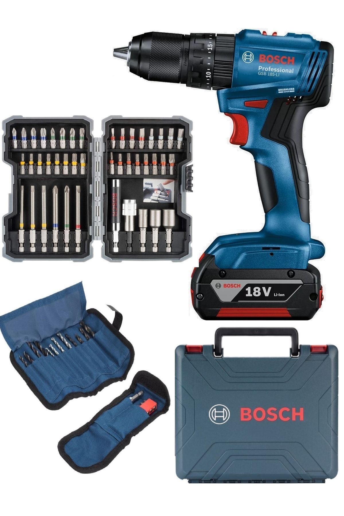 Bosch Gsb 185 LI Tek Akülü Kömürsüz Darbeli 23 Parça Aksesuar Set+ 43 Parça Matkap Ucu Vidalama Ucu