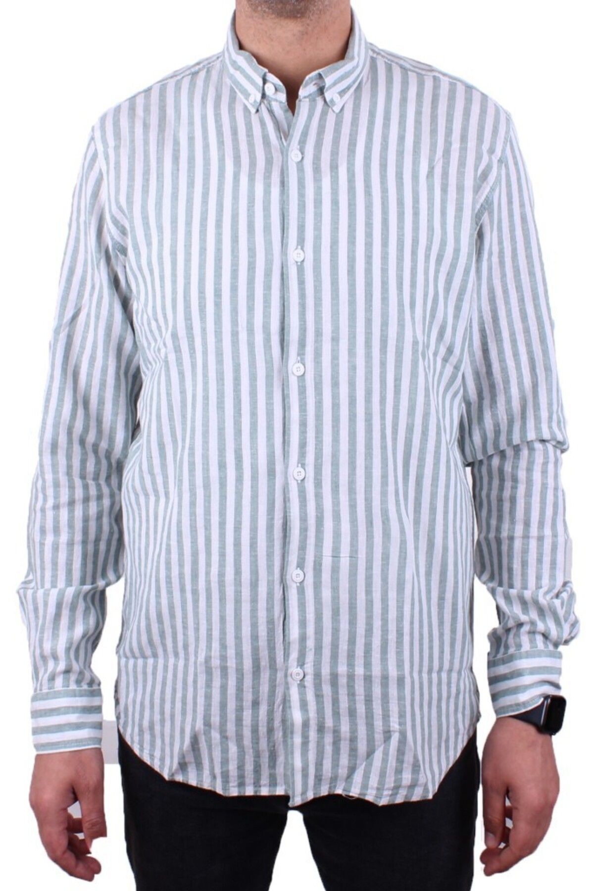 Twister Jeans-Twister 1905 Green Striped Long Sleeve Casual Cotton Blended Linen Men's Shirt 2
