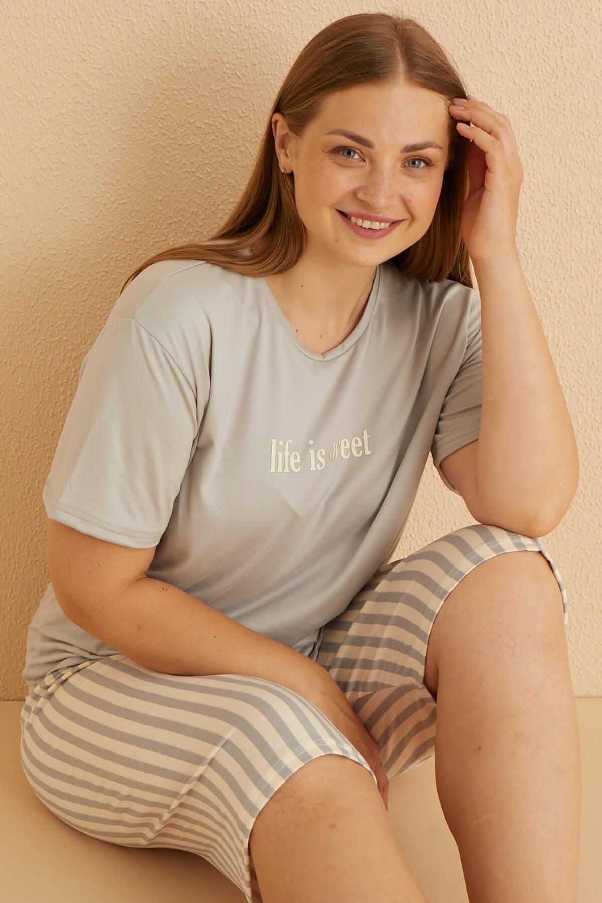 Pijamaevi Szary, Słodki, Wzorzysty, Bambusowy, Krótki Rękaw, Piżama Typu Capri, Oversize Kobieta - 5XL