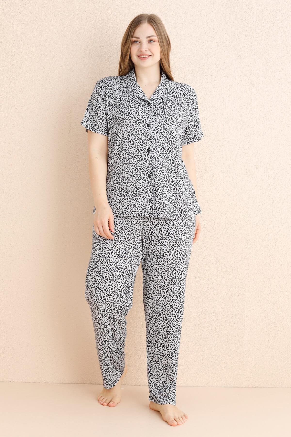 Pijamaevi-Gray Leopard Patterned Bamboo Front Buttoned Short Sleeve Large Size Oversize Pajama Set 2