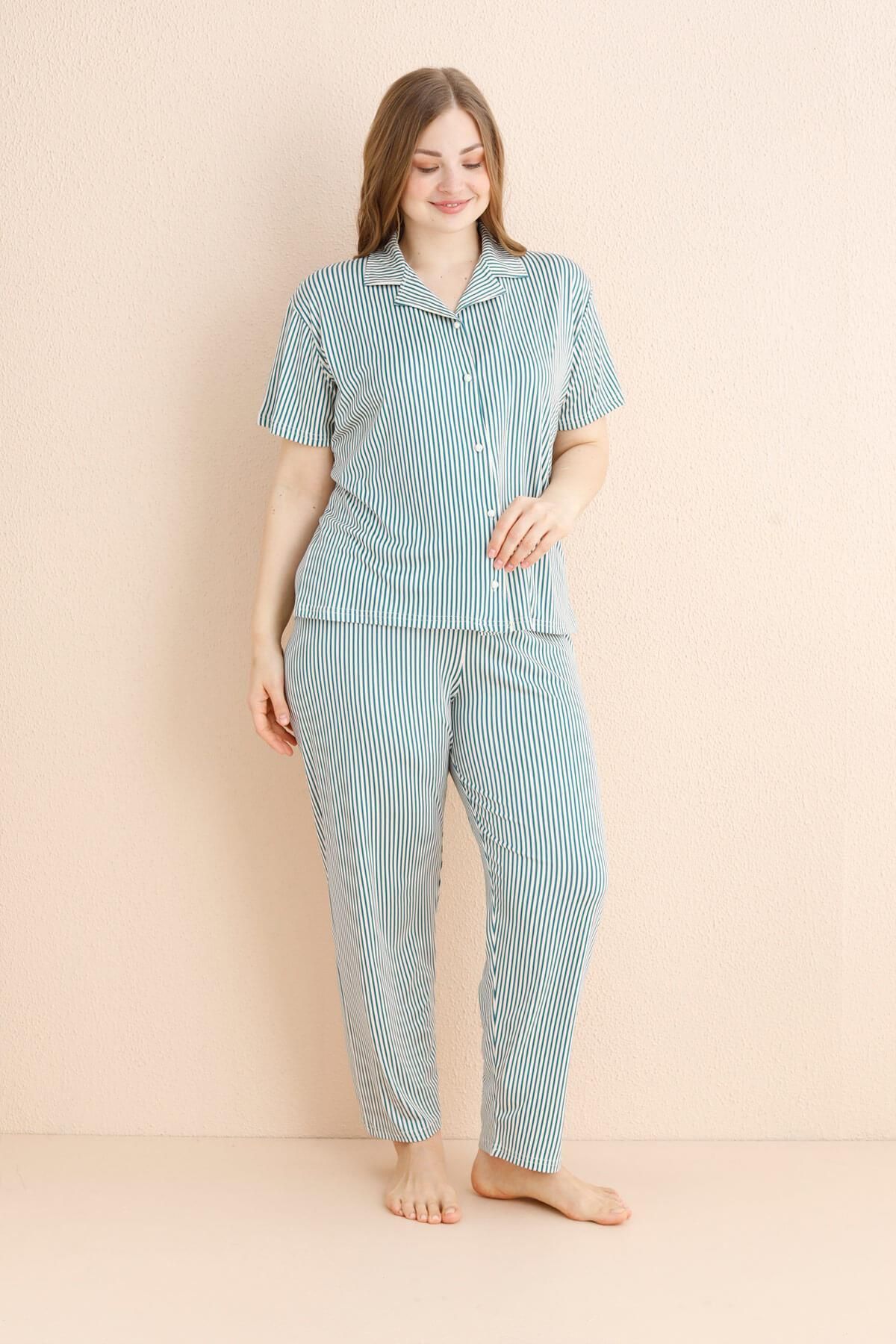 Pijamaevi-Petrol Opulence Patterned Bamboo Front Buttoned Short Sleeve Large Size Oversize Pajama Set 2