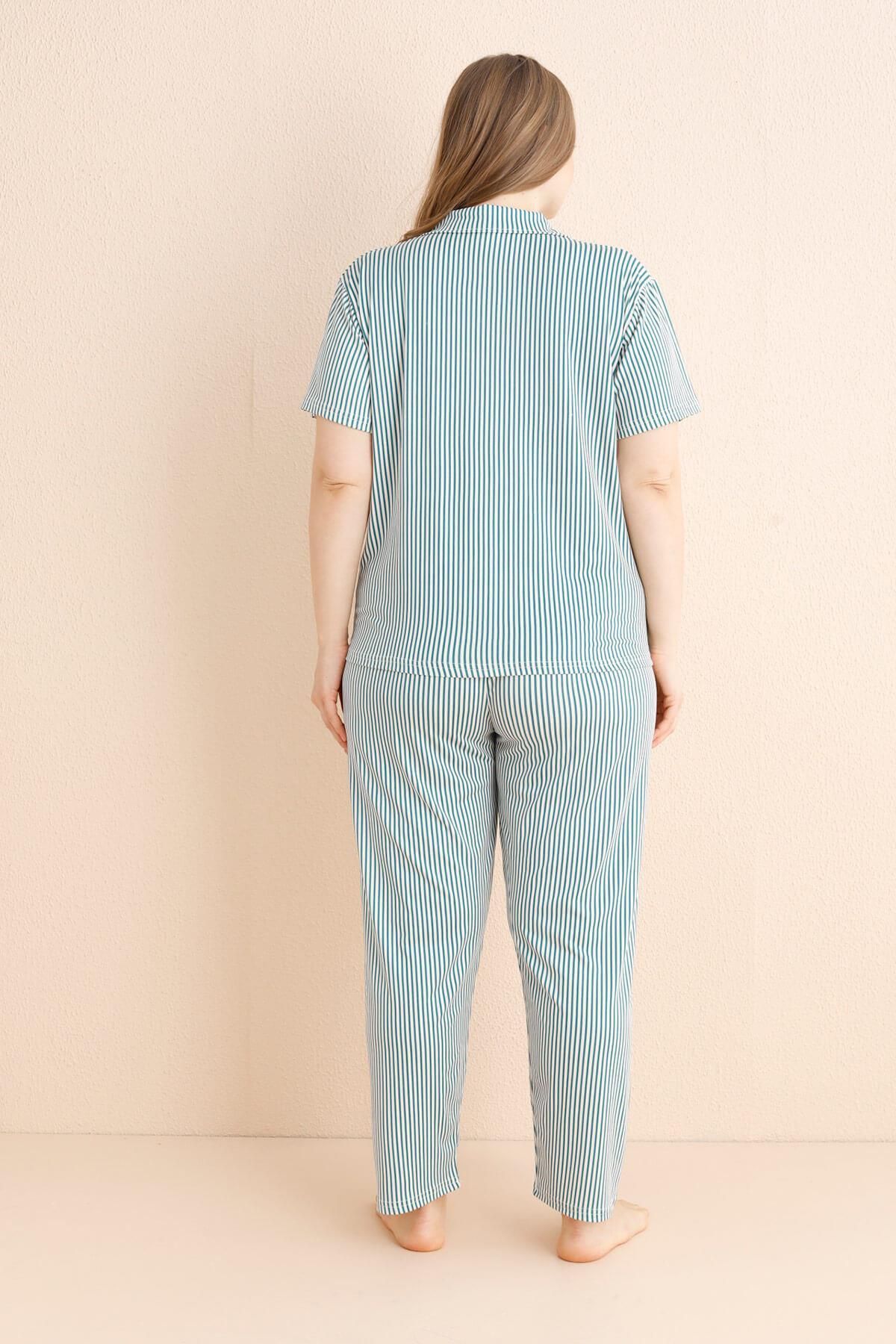 Pijamaevi-Petrol Opulence Patterned Bamboo Front Buttoned Short Sleeve Large Size Oversize Pajama Set 3