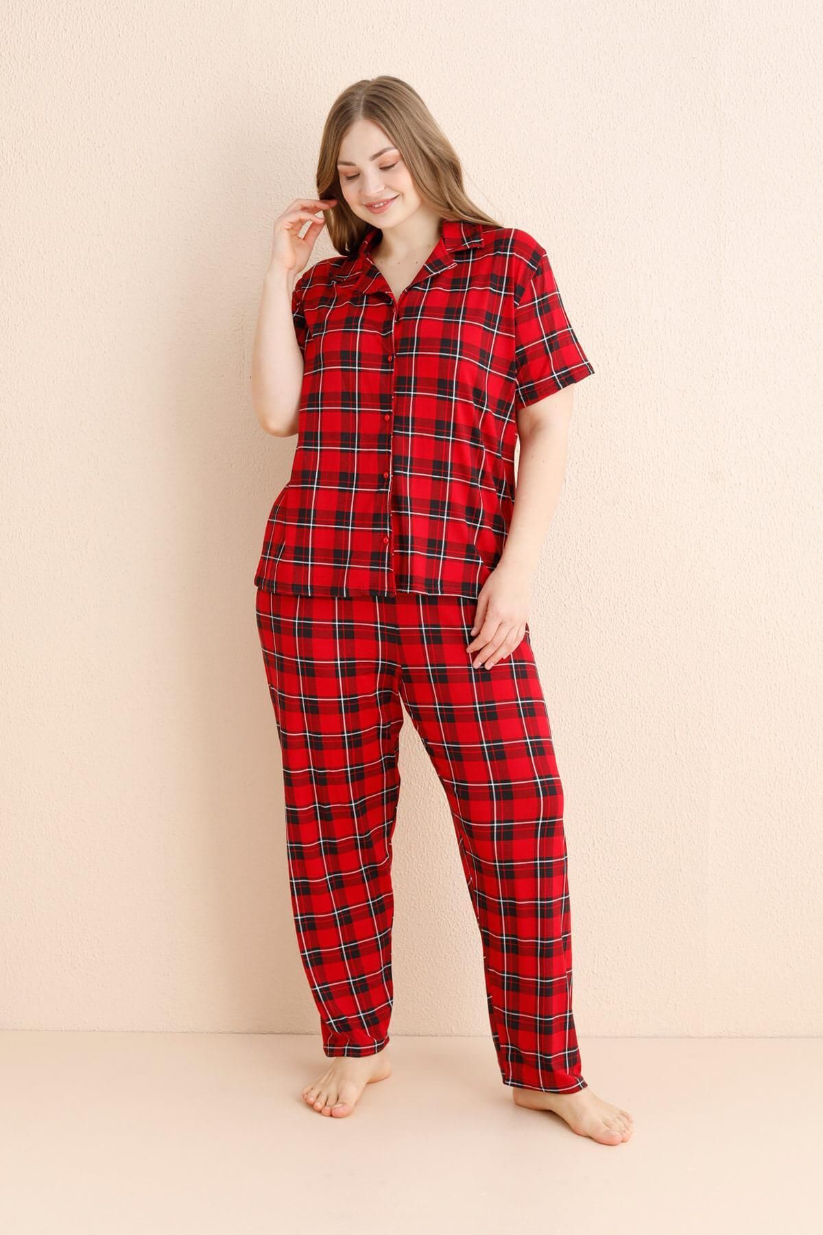 Pijamaevi-Set de pijamale oversize cu mâneci scurte, cu nasturi în față, din bambus, cu model scoțian roșu 2