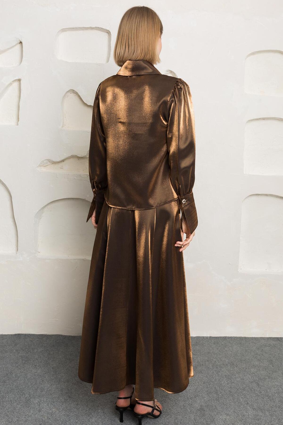 Nurs-Satin Shirt Skirt Suit Brown 5