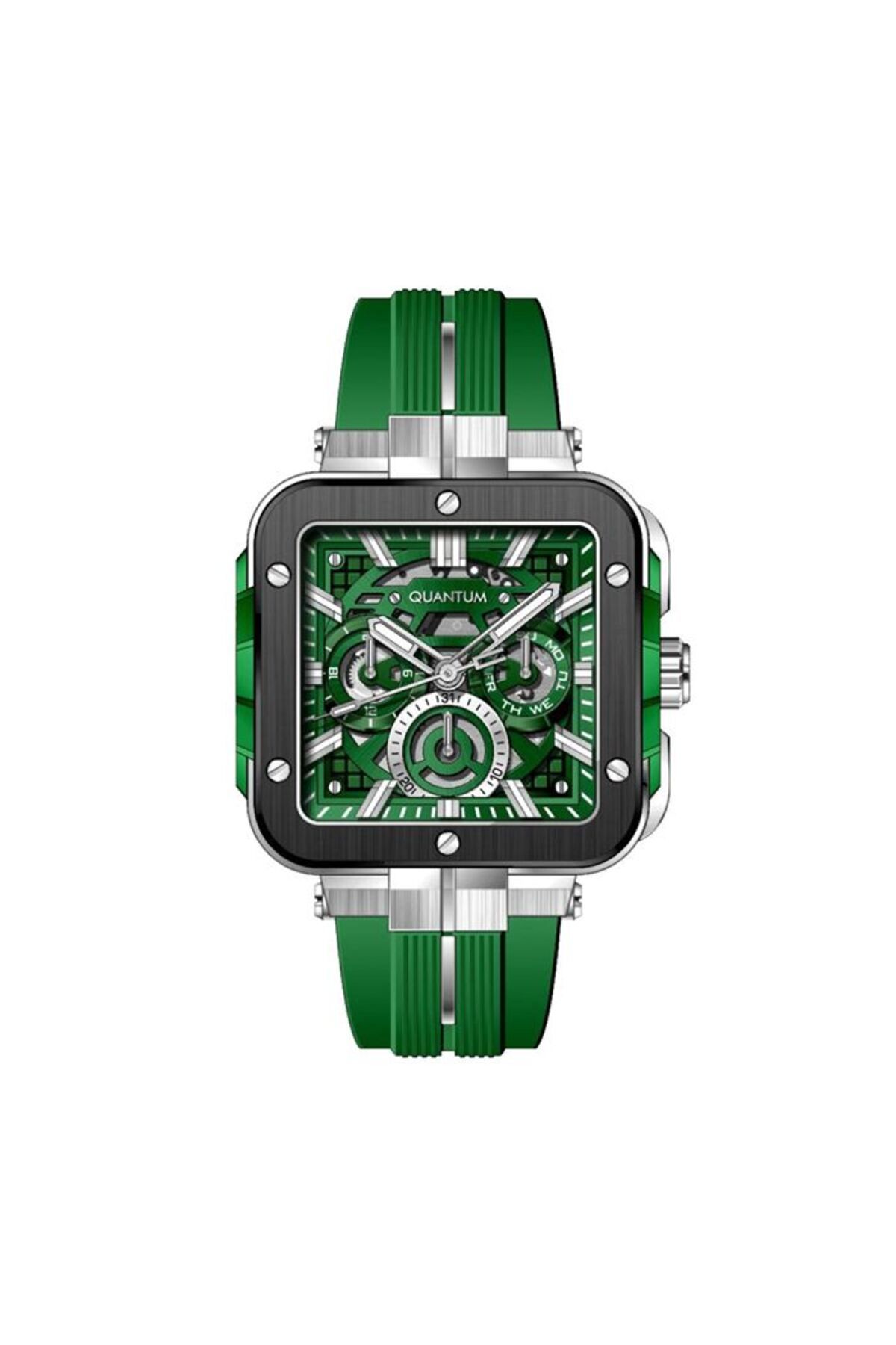 Quantum-QUANTUM PWG1102.377 Men Multi Function Display Watch & Silicone Strap Dark Green 1