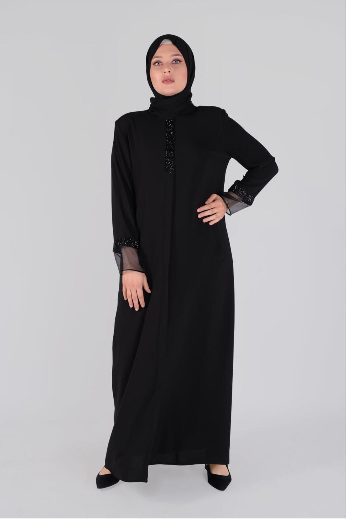 مانتو و عبای پوشیده سیاه زنانه سنگ لاله به تفصیل FERACE 80013 آلوینا Alvina