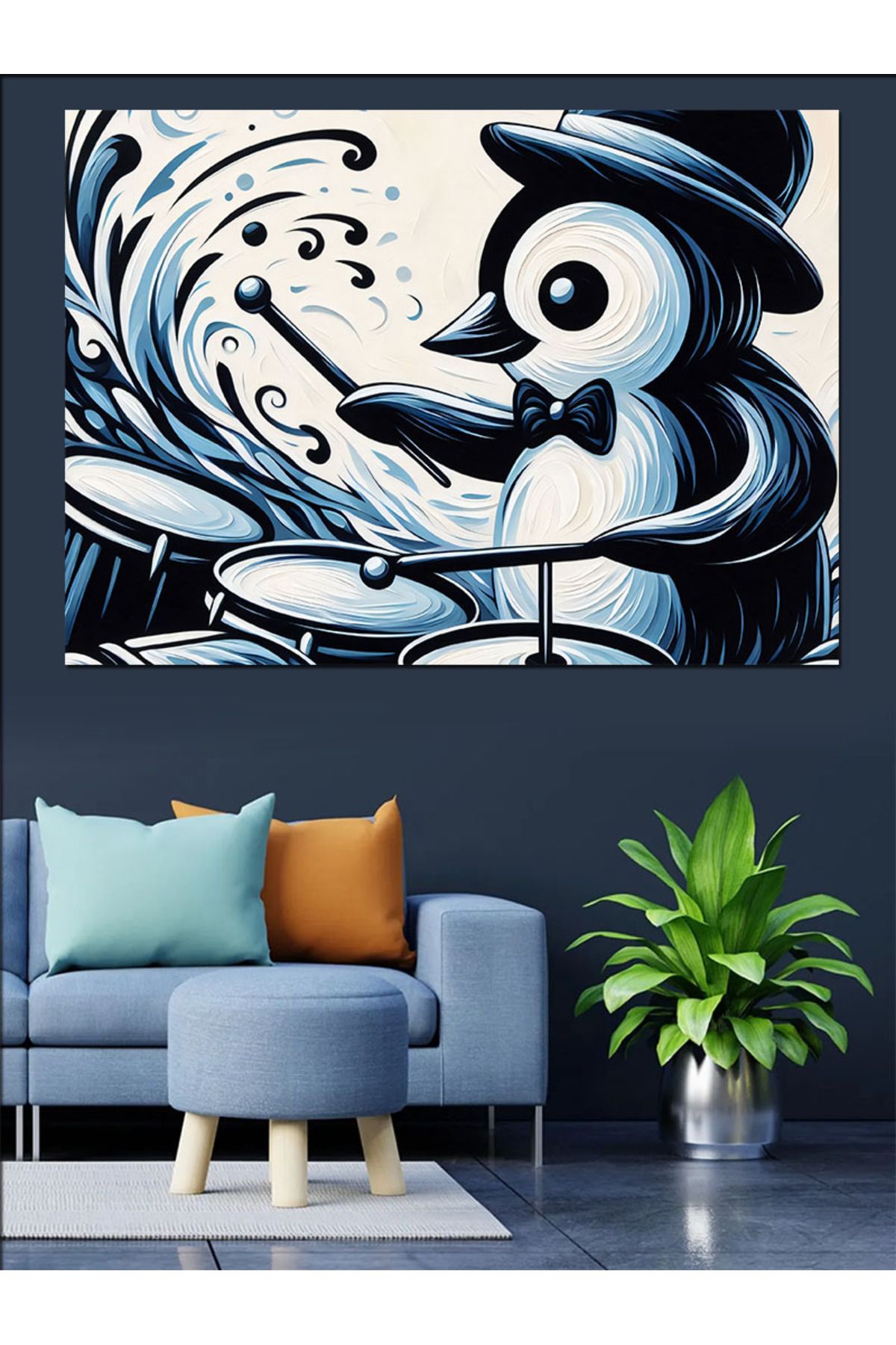 karizmart-Drum Playing Penguin Decorative Canvas - Mdf Wooden Table 2