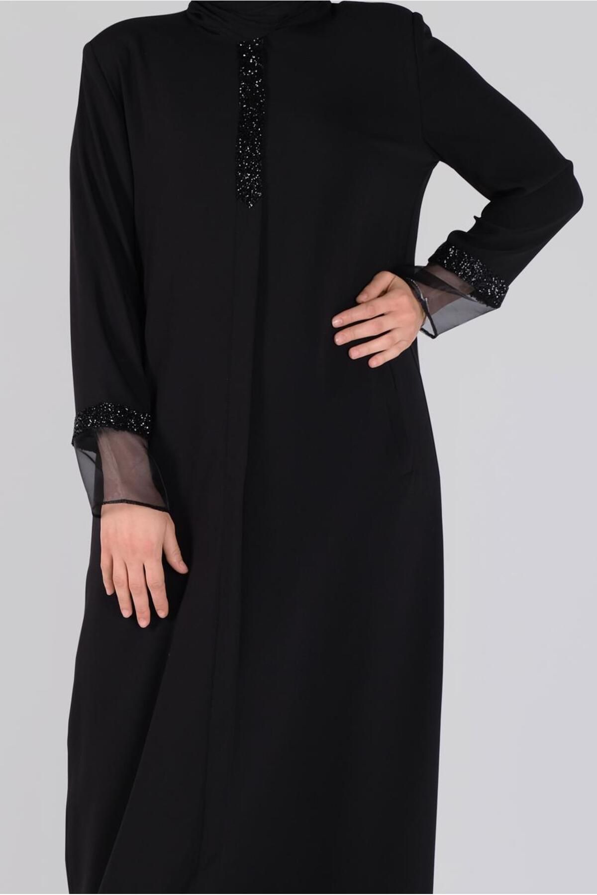 مانتو و عبای پوشیده سیاه زنانه سنگ لاله به تفصیل FERACE 80013 آلوینا Alvina