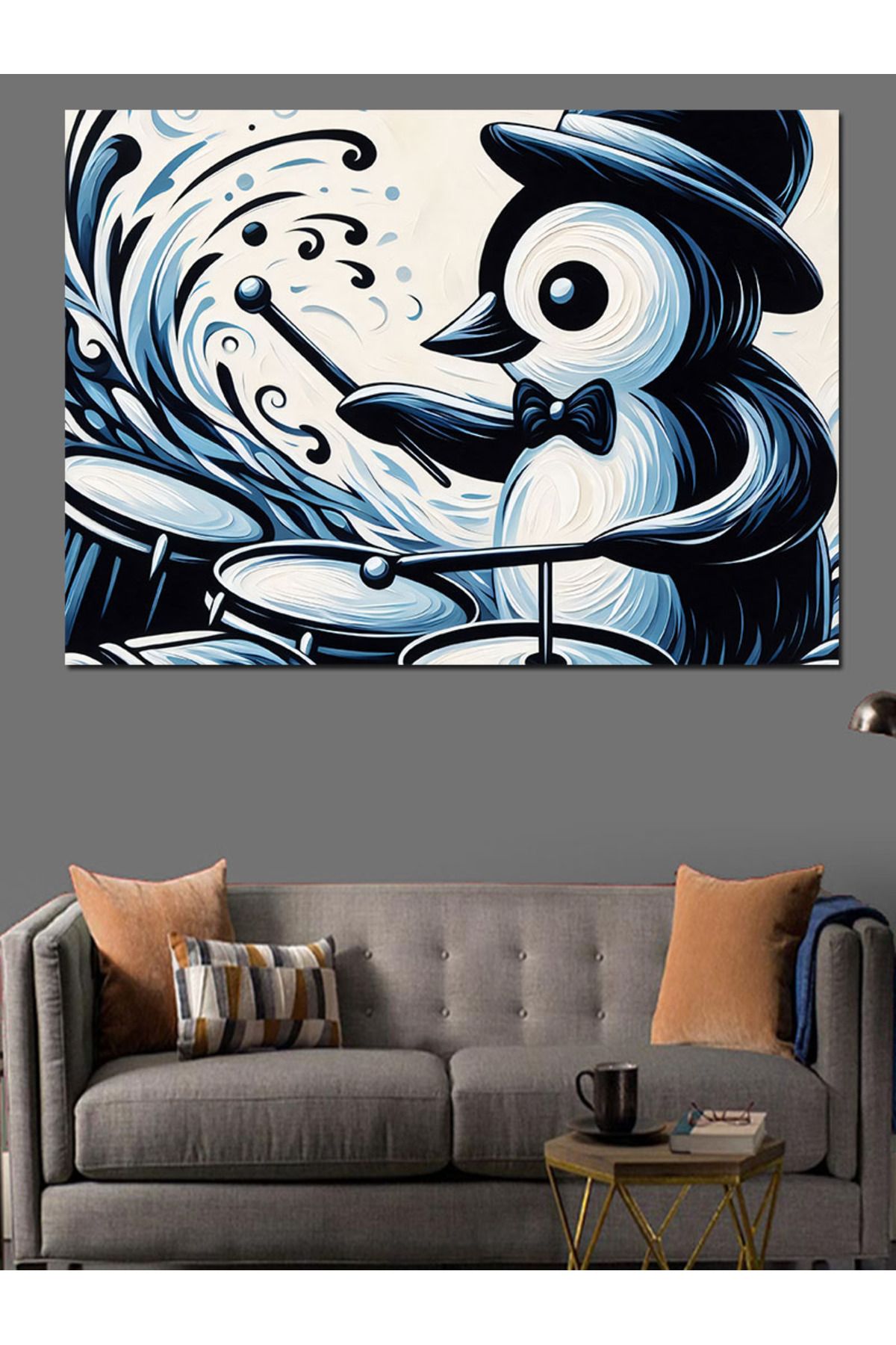 karizmart-Drum Playing Penguin Decorative Canvas - Mdf Wooden Table 3