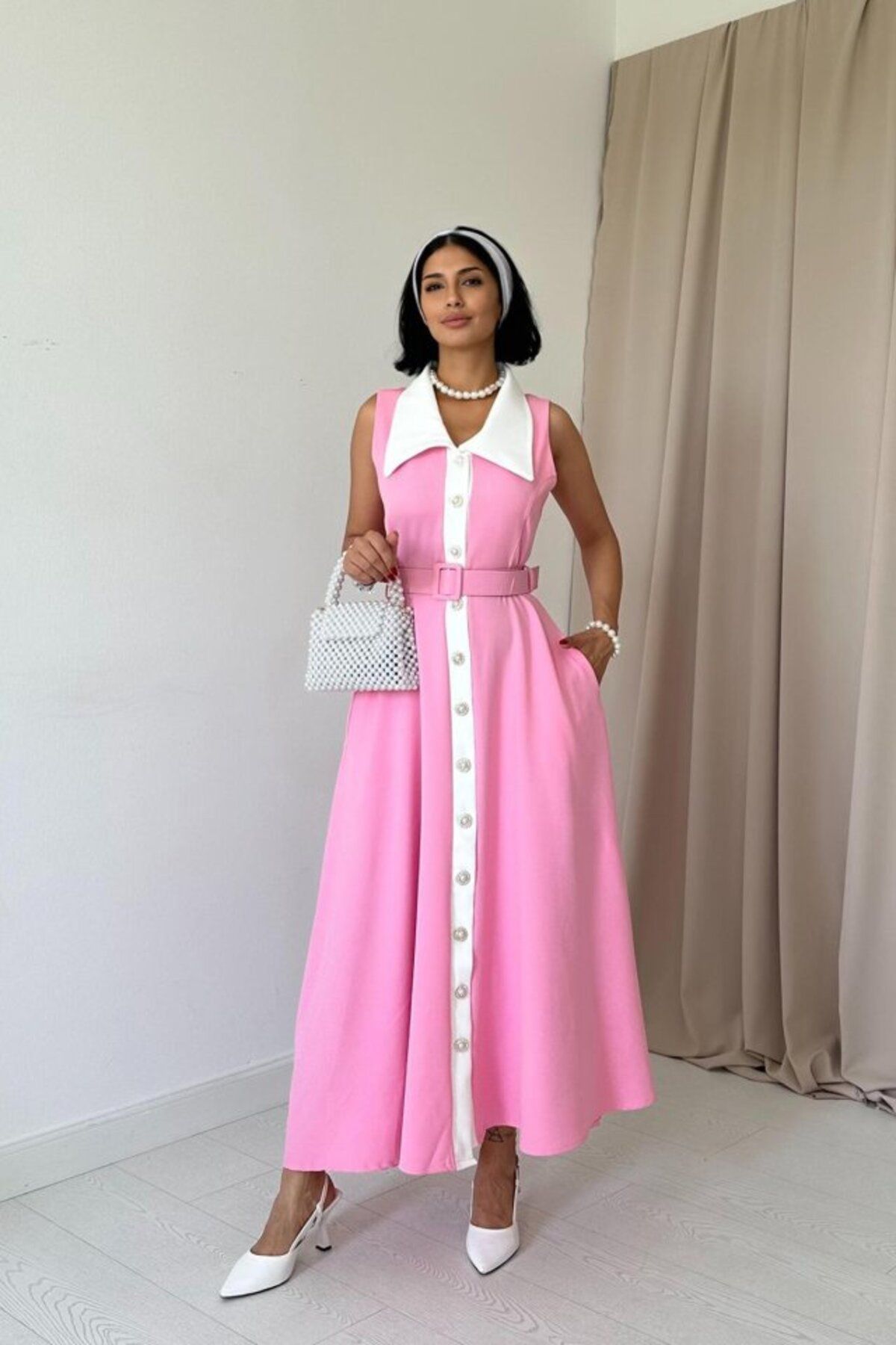 velmorafashion Pembe Geniş Yakalı Halter Kollu Elbise