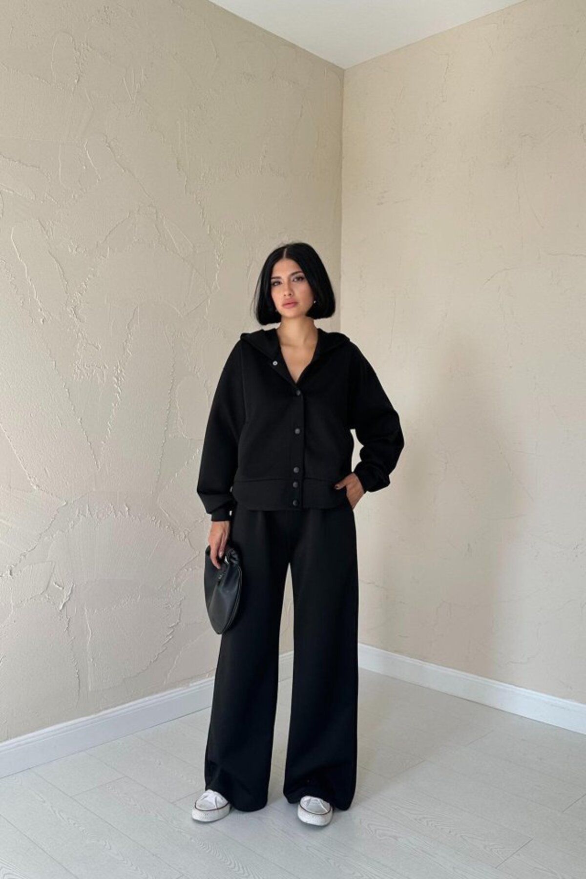 velmorafashion Siyah Beli Lastikli Ceket Ve Pantolon Takım
