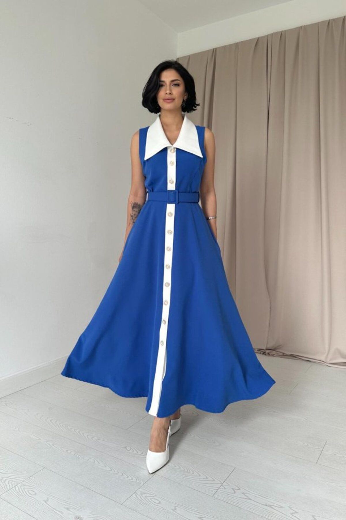 velmorafashion Saks Geniş Yakalı Halter Kollu Elbise